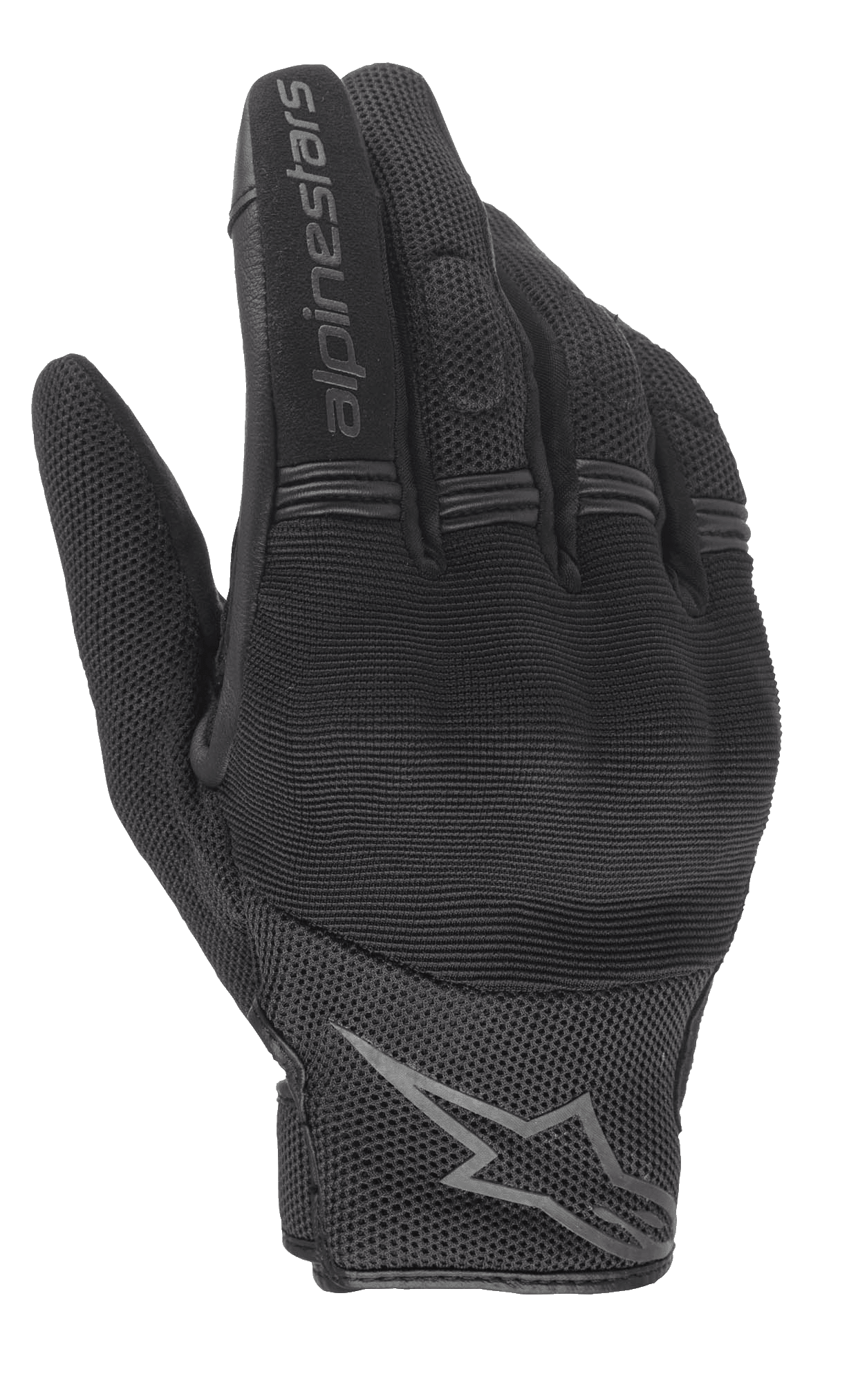 Gants femme Alpinestars Stella Copper, gants de moto urbains noirs, vue du dos de la main avec protection rigide des articulations, textile en maille respirante et logo Alpinestars sur l'index et le poignet.