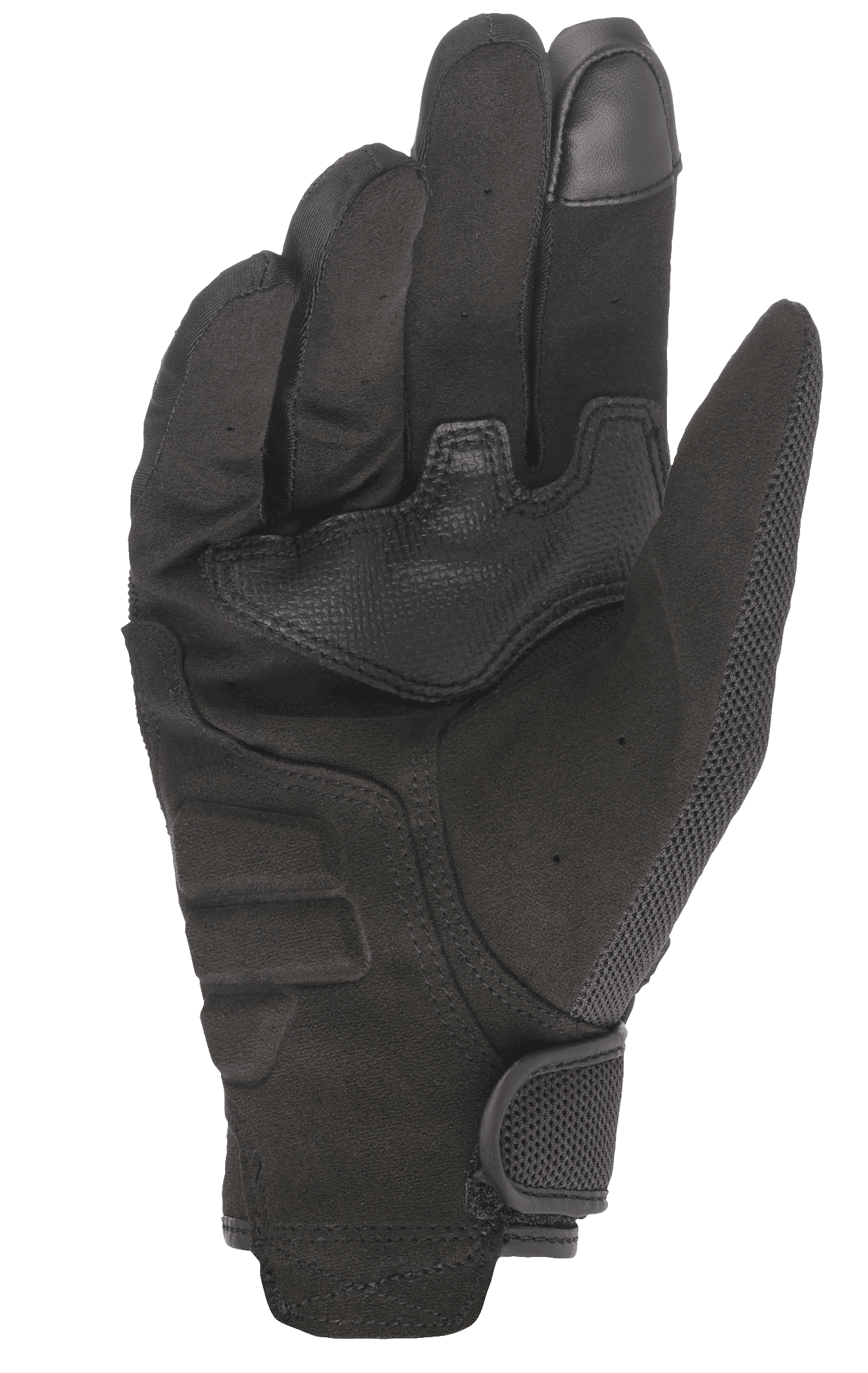 Alpinestars Stella Copper dames motorhandschoenen, weergave van de handpalm, zwart, volledig synthetisch suède handpalm met versterkingspatches, touchscreen-compatibele vingertop, klittenbandsluiting aan de pols