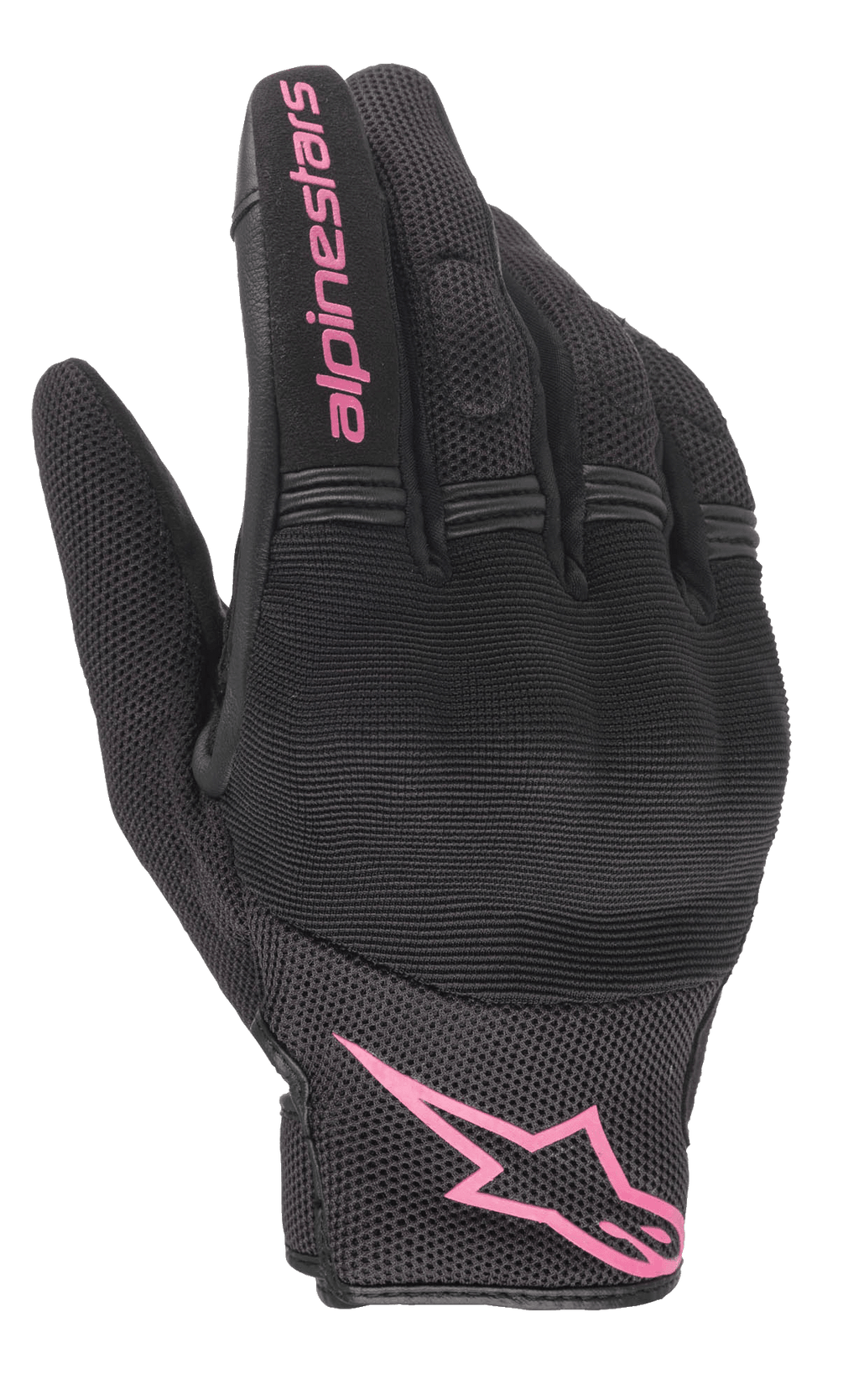 Alpinestars Stella Copper handschoenen, motorhandschoenen voor dames, zwart en fuchsia, roze Alpinestars-logo op de pols en tekst op de vinger, ontwerp van mesh en textiel met gevoerde knokkelzone, urban rijuitrusting