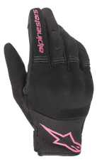 Alpinestars Stella Copper handschoenen, motorhandschoenen voor dames, zwart en fuchsia, roze Alpinestars-logo op de pols en tekst op de vinger, ontwerp van mesh en textiel met gevoerde knokkelzone, urban rijuitrusting