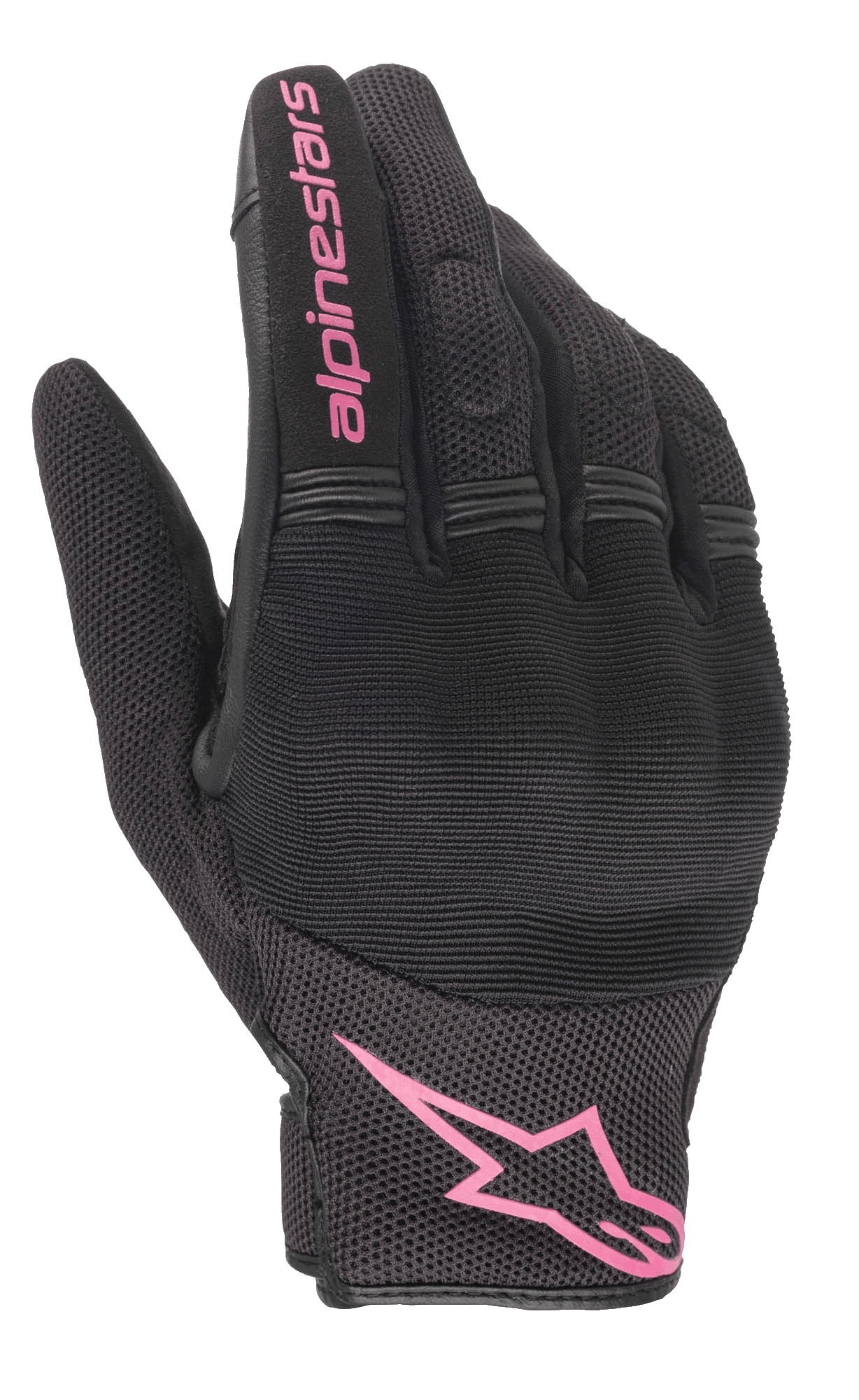 Alpinestars Stella Copper handschoenen, motorhandschoenen voor dames, zwart en fuchsia, roze Alpinestars-logo op de pols en tekst op de vinger, ontwerp van mesh en textiel met gevoerde knokkelzone, urban rijuitrusting