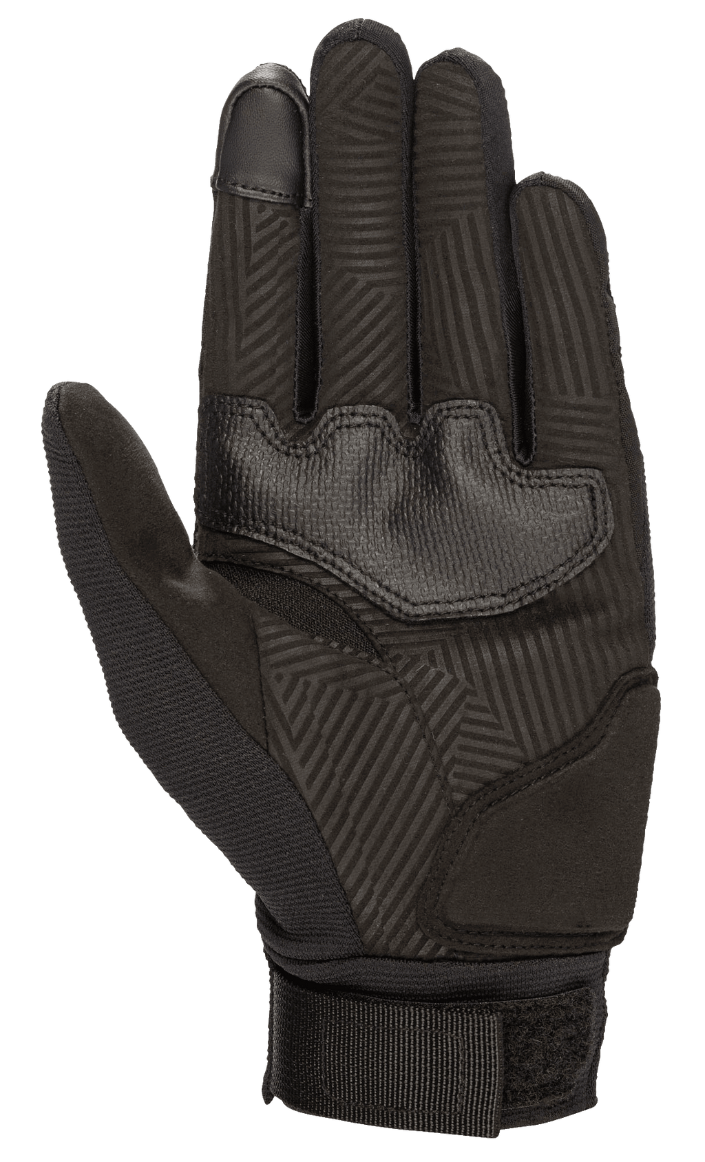 Gants Stella Reef Femme Alpinestars, gants de moto, noir, vue côté paume avec daim synthétique à motif d'adhérence géométrique, rembourrages de paume renforcés et sangle de poignet réglable pour un confort de conduite urbaine