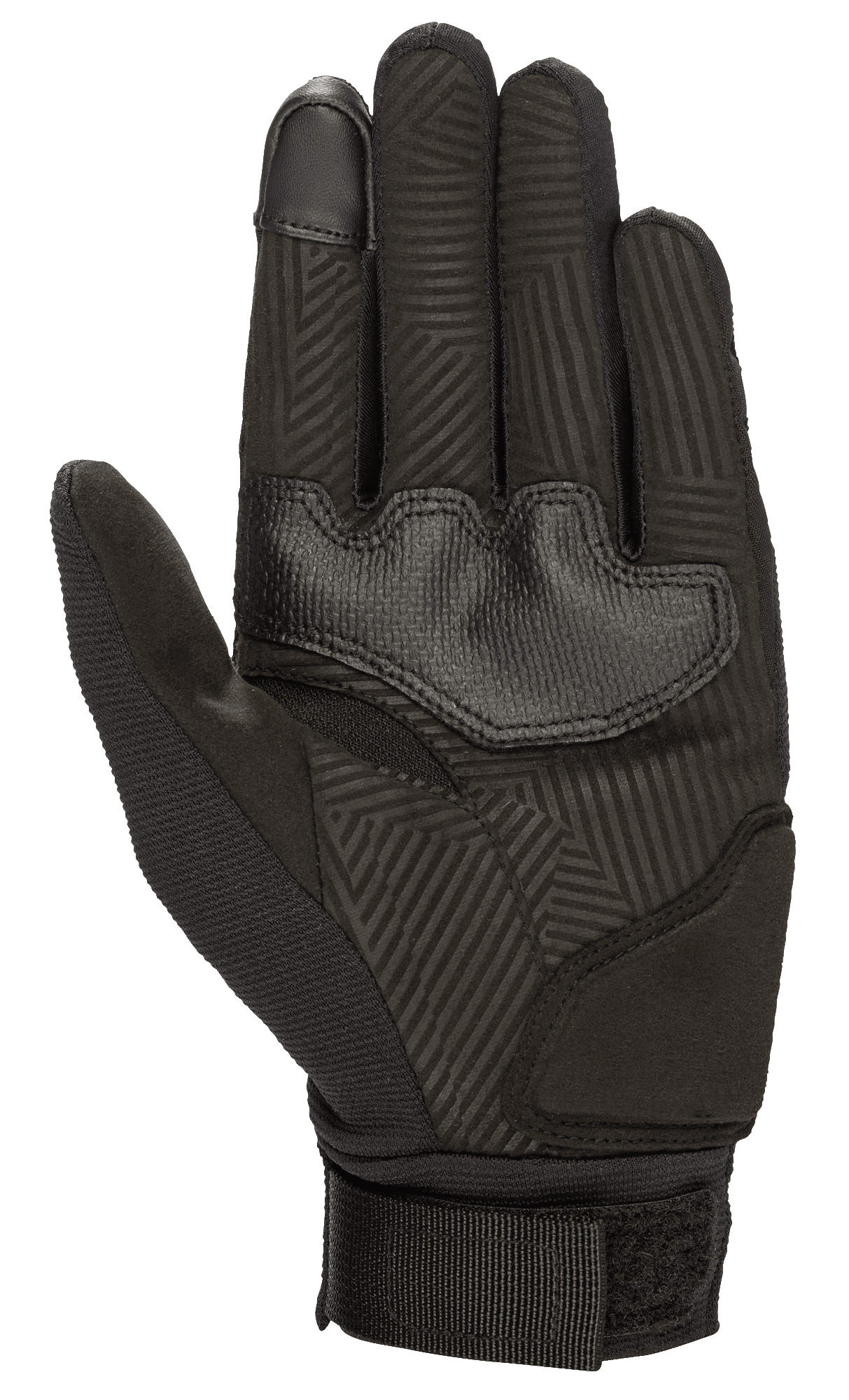 Gants Stella Reef Femme Alpinestars, gants de moto, noir, vue côté paume avec daim synthétique à motif d'adhérence géométrique, rembourrages de paume renforcés et sangle de poignet réglable pour un confort de conduite urbaine