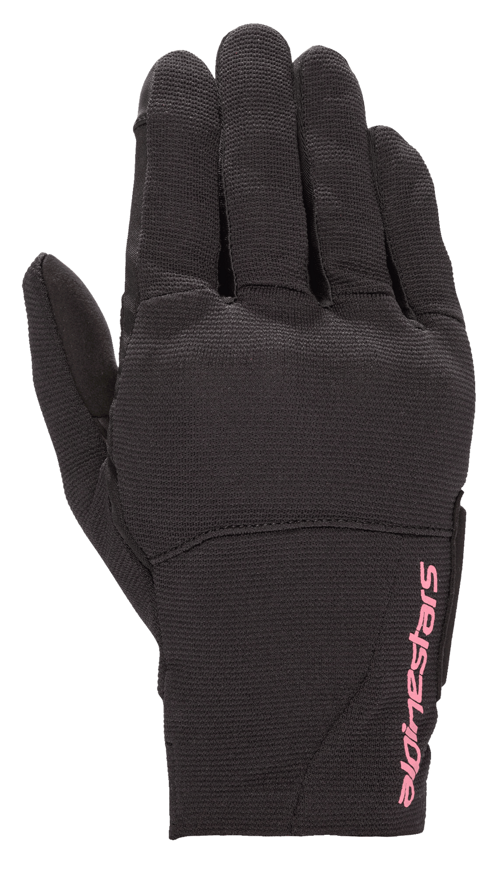 Gants Alpinestars Stella Reef pour femme, gants de moto urbains, noirs avec logo rose fuchsia, construction en tissu extensible, manchette courte, matériau texturé pour la conduite urbaine
