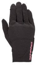 Gants Alpinestars Stella Reef pour femme, gants de moto urbains, noirs avec logo rose fuchsia, construction en tissu extensible, manchette courte, matériau texturé pour la conduite urbaine
