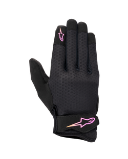 Alpinestars Stated Women's Gloves, Urban Motorcycle Gloves, Black with Pink and Yellow gradient logo, textured airprene backhand, Velcro wrist strap, lightweight and breathable summer gear