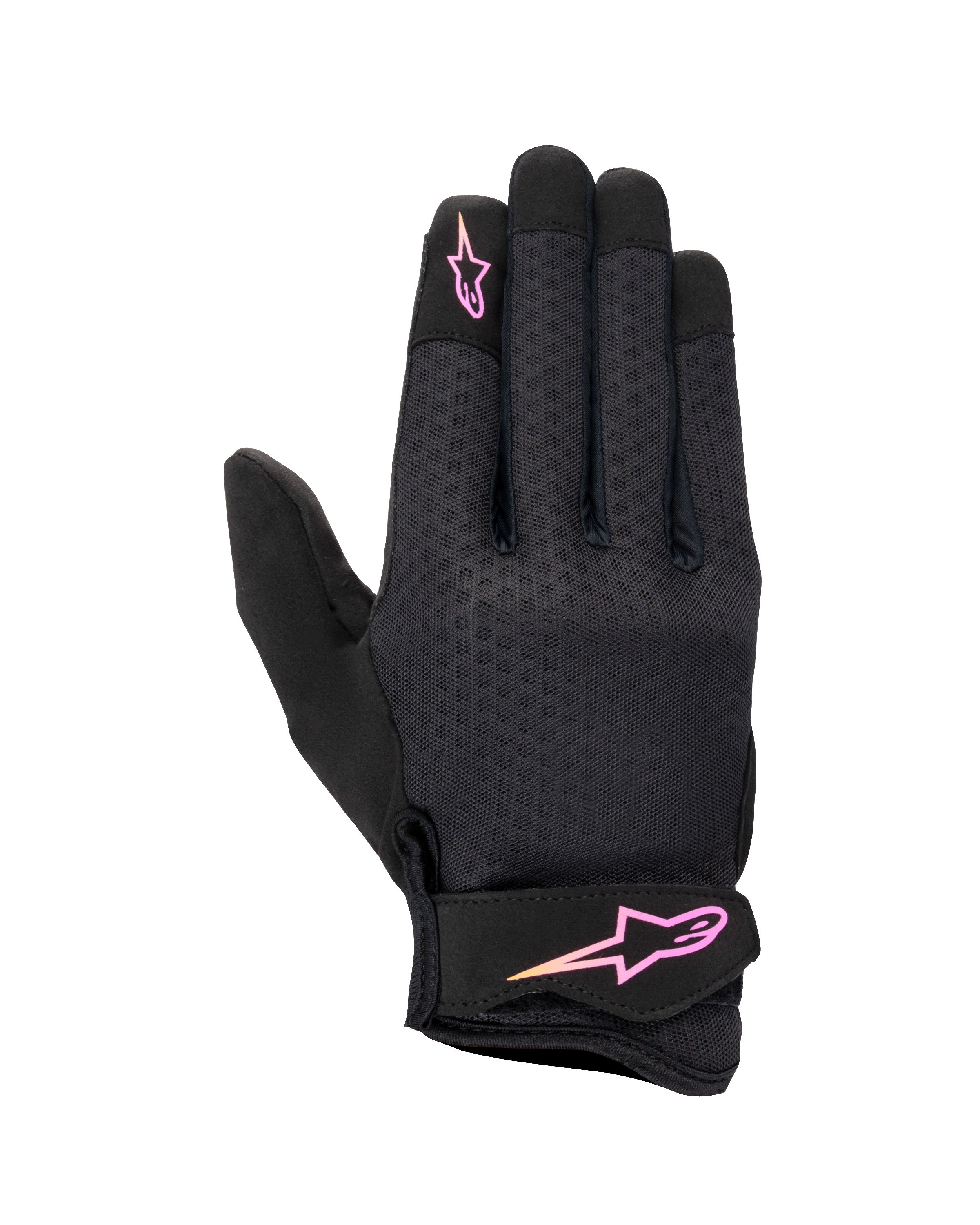 Gants femme Alpinestars Stated, gants de moto urbains, noirs avec logo dégradé rose et jaune, dos en airprene texturé, sangle velcro au poignet, équipement d'été léger et respirant