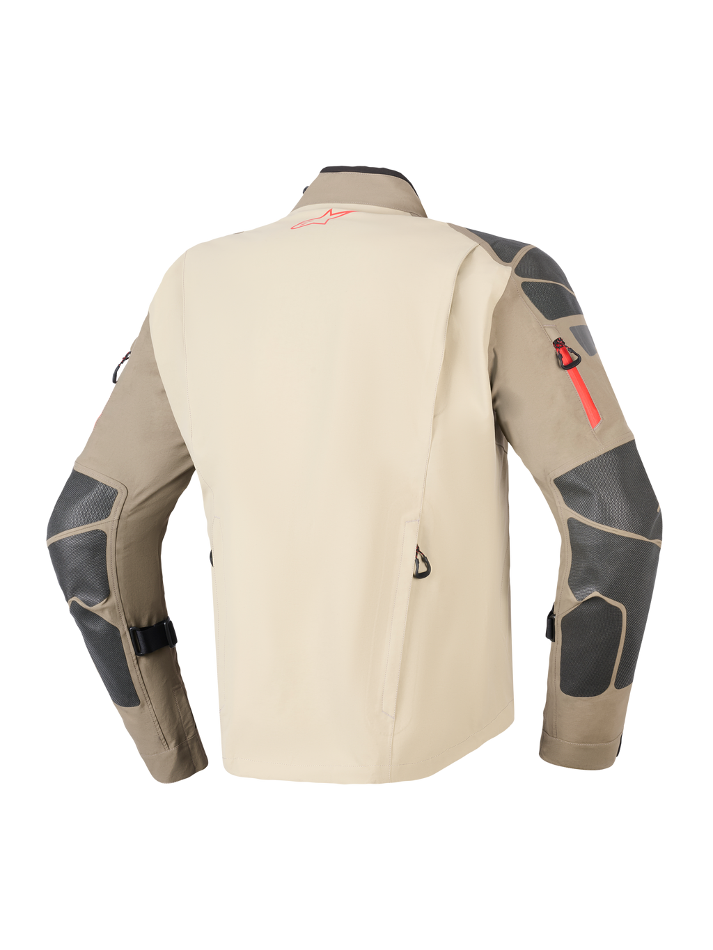 Veste Alpinestars Nazca 3L GORE-TEX PRO, Walnut Rock Brown, vue arrière montrant un panneau dorsal beige et des manches marron avec des renforts gris foncé aux épaules et aux coudes, détails de logo et fermetures éclair rouges, équipement de touring moto aventure durable