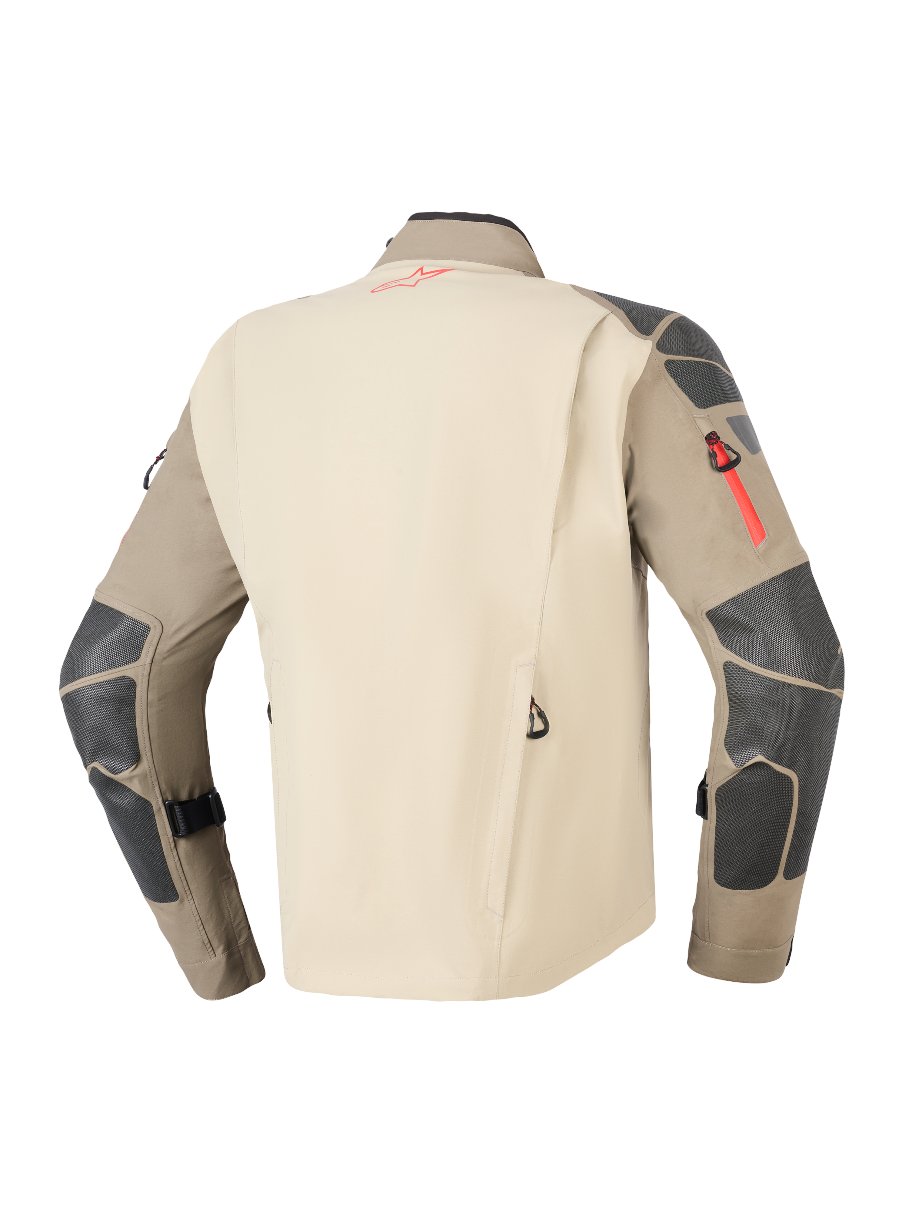 Veste Alpinestars Nazca 3L GORE-TEX PRO, Walnut Rock Brown, vue arrière montrant un panneau dorsal beige et des manches marron avec des renforts gris foncé aux épaules et aux coudes, détails de logo et fermetures éclair rouges, équipement de touring moto aventure durable
