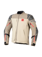 Veste Alpinestars Nazca 3L GORE-TEX PRO, Walnut Rock Brown, veste de moto aventure, design color-block beige et marron clair, renforts texturés gris aux épaules et aux coudes, détails de zips rouge vif, logo 'ALL TERRA' rouge sur la poitrine, marquage Alpinestars noir sur les avant-bras, construction textile durable