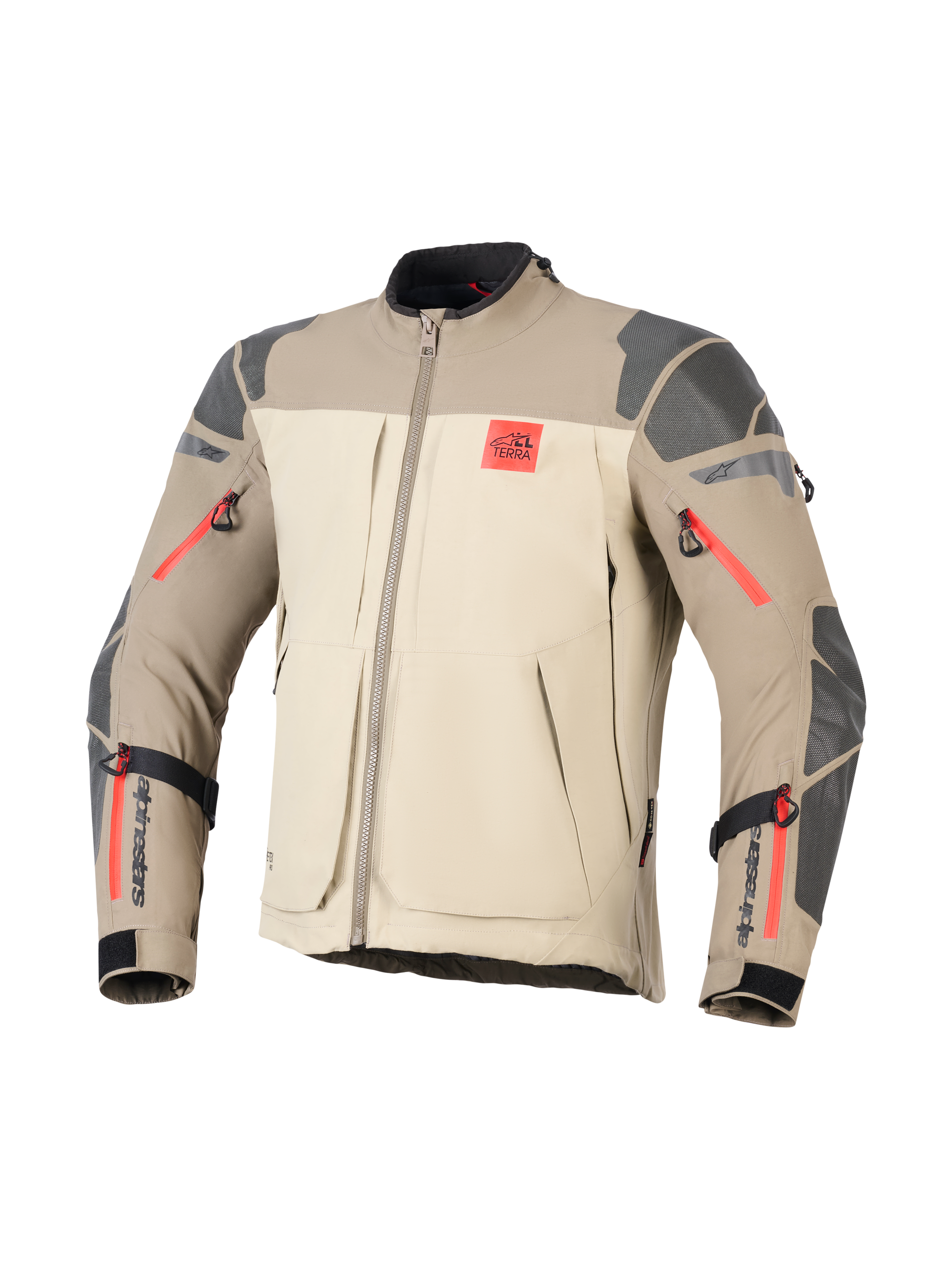 Veste Alpinestars Nazca 3L GORE-TEX PRO, Walnut Rock Brown, veste de moto aventure, design color-block beige et marron clair, renforts texturés gris aux épaules et aux coudes, détails de zips rouge vif, logo 'ALL TERRA' rouge sur la poitrine, marquage Alpinestars noir sur les avant-bras, construction textile durable