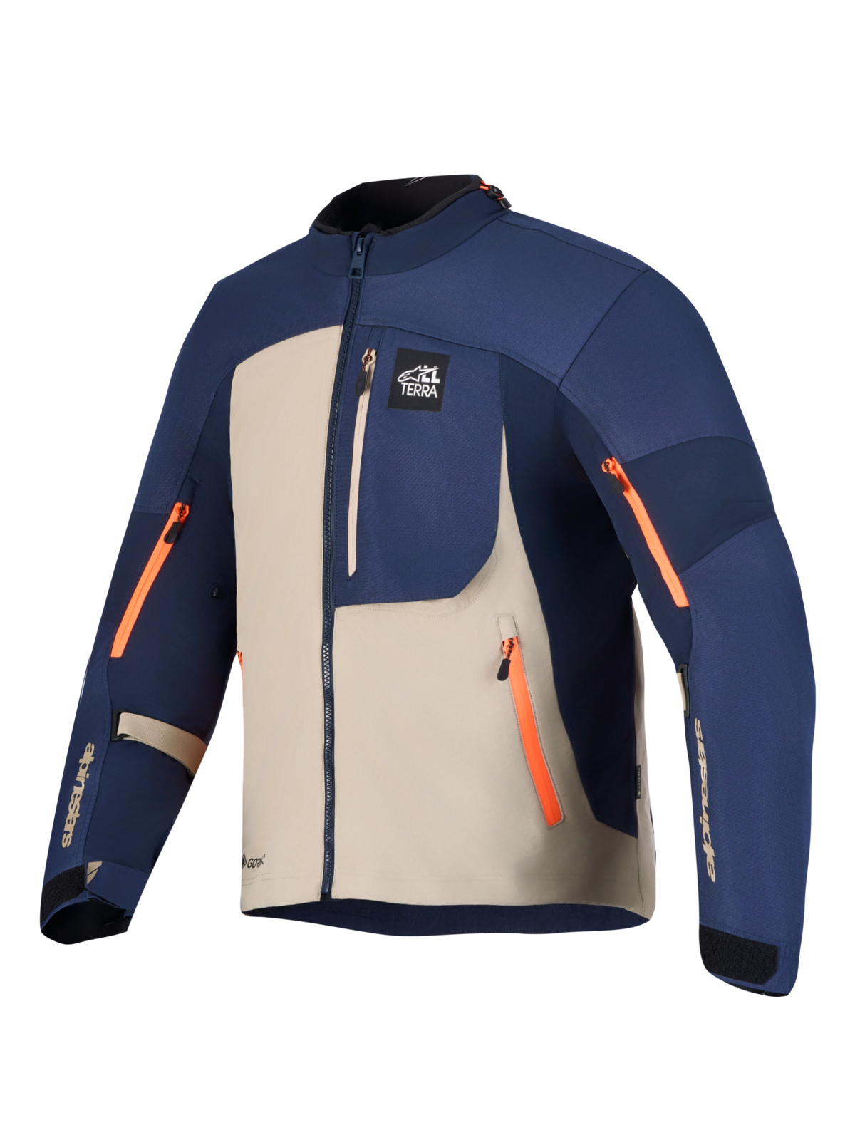 Alpinestars Arenis GORE-TEX, veste de moto adventure touring, bleu marine et aluminium, détails de zips orange, construction imperméable GORE-TEX, certifiée CE