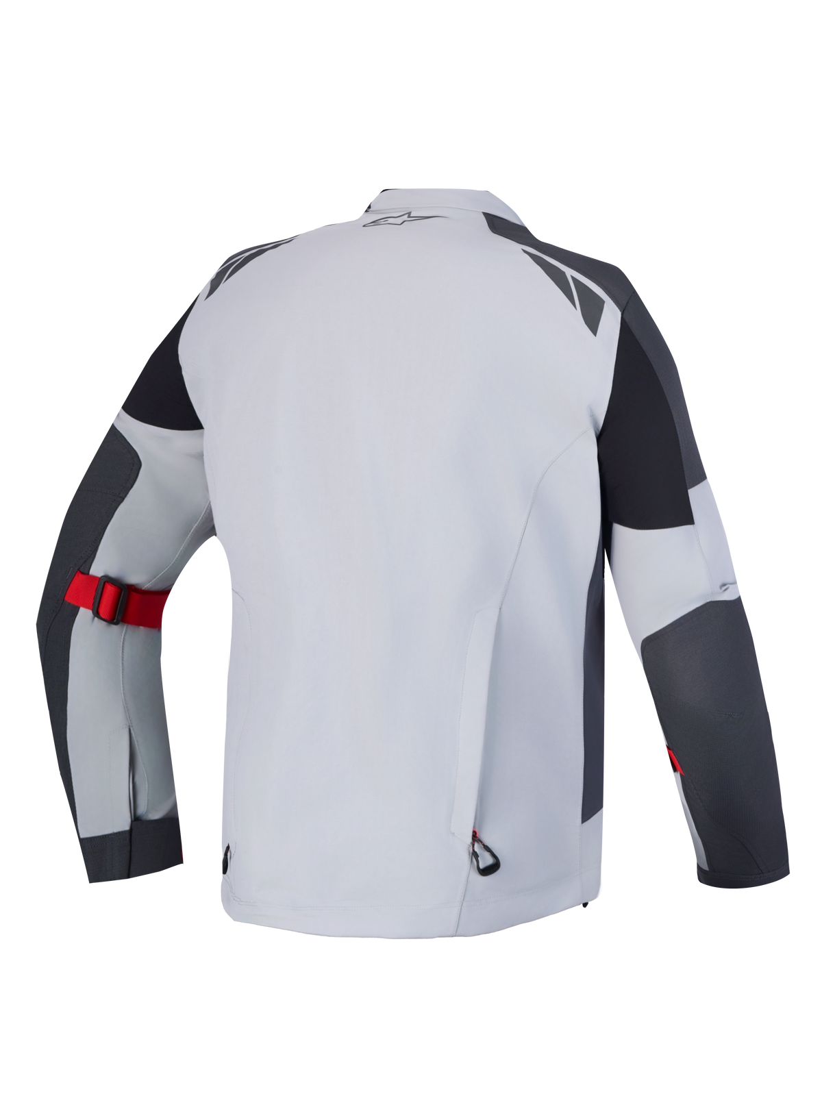 Alpinestars Arenis Gore-Tex jas, adventure touring motorjas, achteraanzicht in middengrijs, donkergrijs en zwart met rode verstelband op de mouw en waterdichte constructie