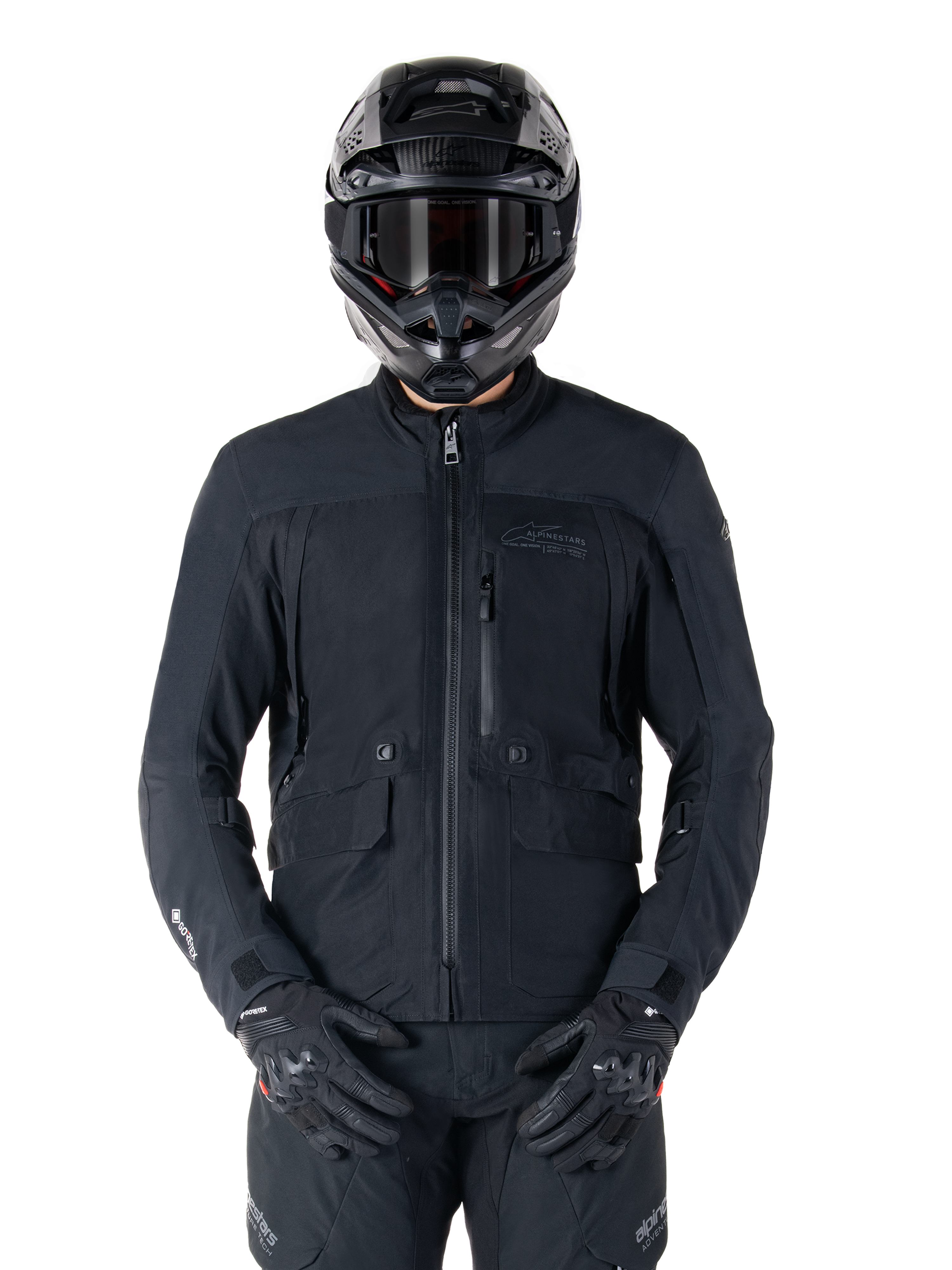 Alpinestars St-7 Prime GORE-TEX Jacke, schwarze Motorrad-Tourenjacke, wasserdicht und atmungsaktiv, Frontreißverschluss, mehrere Taschen, getragen mit passendem Helm und Handschuhen, erstklassiger Schutz für Fahrten bei jedem Wetter