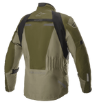 Veste Alpinestars Altamira GORE-TEX, Forest Military Green, vue arrière d'une veste de moto technique de touring avec empiècements noirs aux épaules, taille élastiquée et logo Alpinestars, détails réfléchissants et construction textile durable.