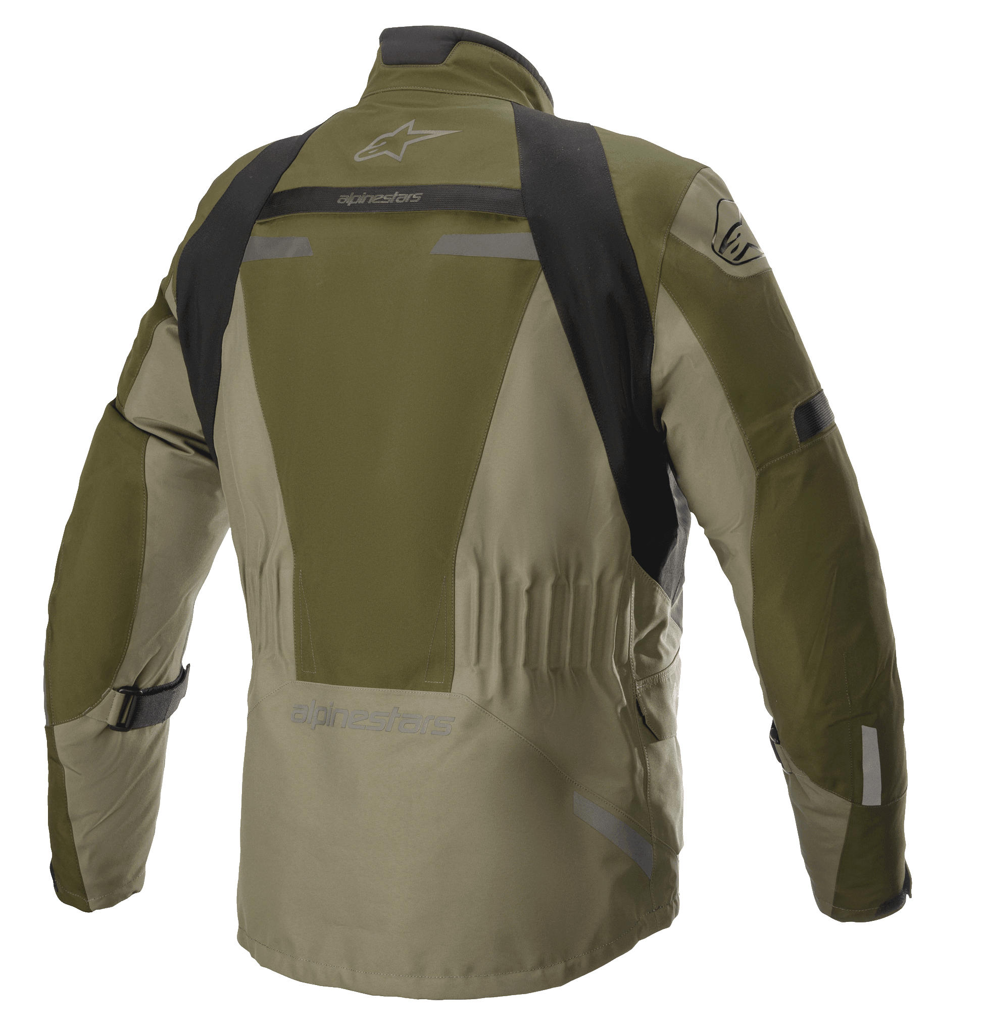 Veste Alpinestars Altamira GORE-TEX, Forest Military Green, vue arrière d'une veste de moto technique de touring avec empiècements noirs aux épaules, taille élastiquée et logo Alpinestars, détails réfléchissants et construction textile durable.
