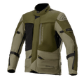 Veste Alpinestars Altamira GORE-TEX, veste de moto touring, vert militaire forêt et olive avec accents noirs, multiples poches utilitaires frontales et fermetures éclair, sangles de réglage aux bras, col haut, construction technique imperméable pour la conduite aventure