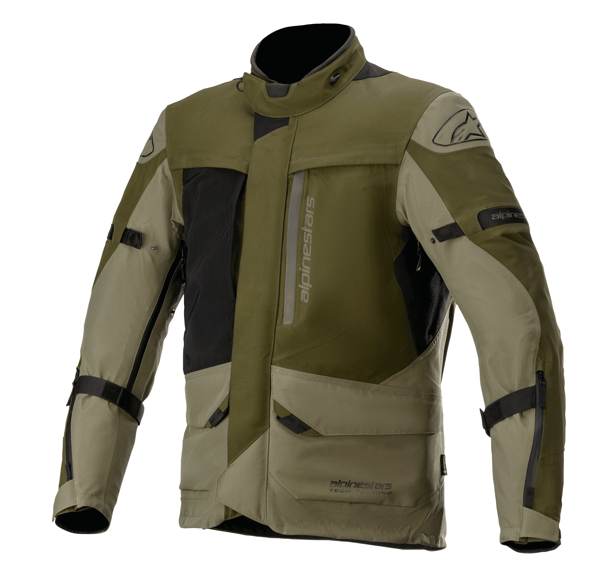 Veste Alpinestars Altamira GORE-TEX, veste de moto touring, vert militaire forêt et olive avec accents noirs, multiples poches utilitaires frontales et fermetures éclair, sangles de réglage aux bras, col haut, construction technique imperméable pour la conduite aventure