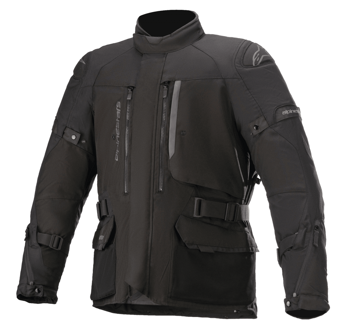 Veste Alpinestars Ketchum GORE-TEX, veste de moto touring noire, avec col montant, multiples aérations zippées, grandes poches cargo, sangles de réglage aux manches et à la taille, empiècements renforcés aux épaules et construction textile robuste pour l'aventure