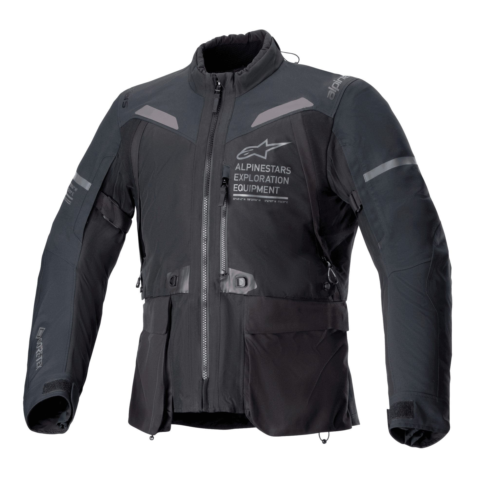 Alpinestars ST-7 2L GORE-TEX Jas, motorjas in zwart en donkergrijs, vooraanzicht met grote cargozakken, reflecterende accenten op de schouders en Alpinestars Exploration Equipment-logo op de borst, waterdichte adventure touring-uitrusting