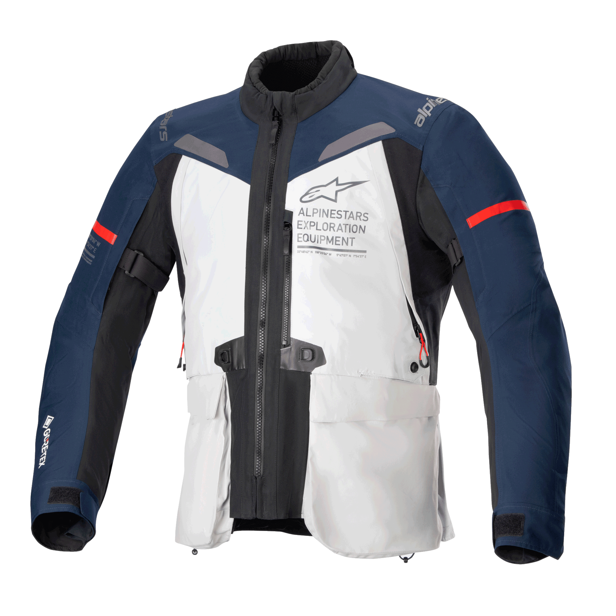 Alpinestars ST-7 2L GORE-TEX jas, adventure touring motorjas, ijsgrijs, donkerblauw en zwart, waterdichte gelamineerde GORE-TEX constructie, CE-gecertificeerd
