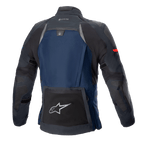 Veste Alpinestars Boulder GORE-TEX, veste de moto de touring technique, bleu foncé et noir, vue de dos avec une grande poche utilitaire arrière ornée du logo étoile argenté, compartiment d'hydratation et marquage GORE-TEX sur le col.
