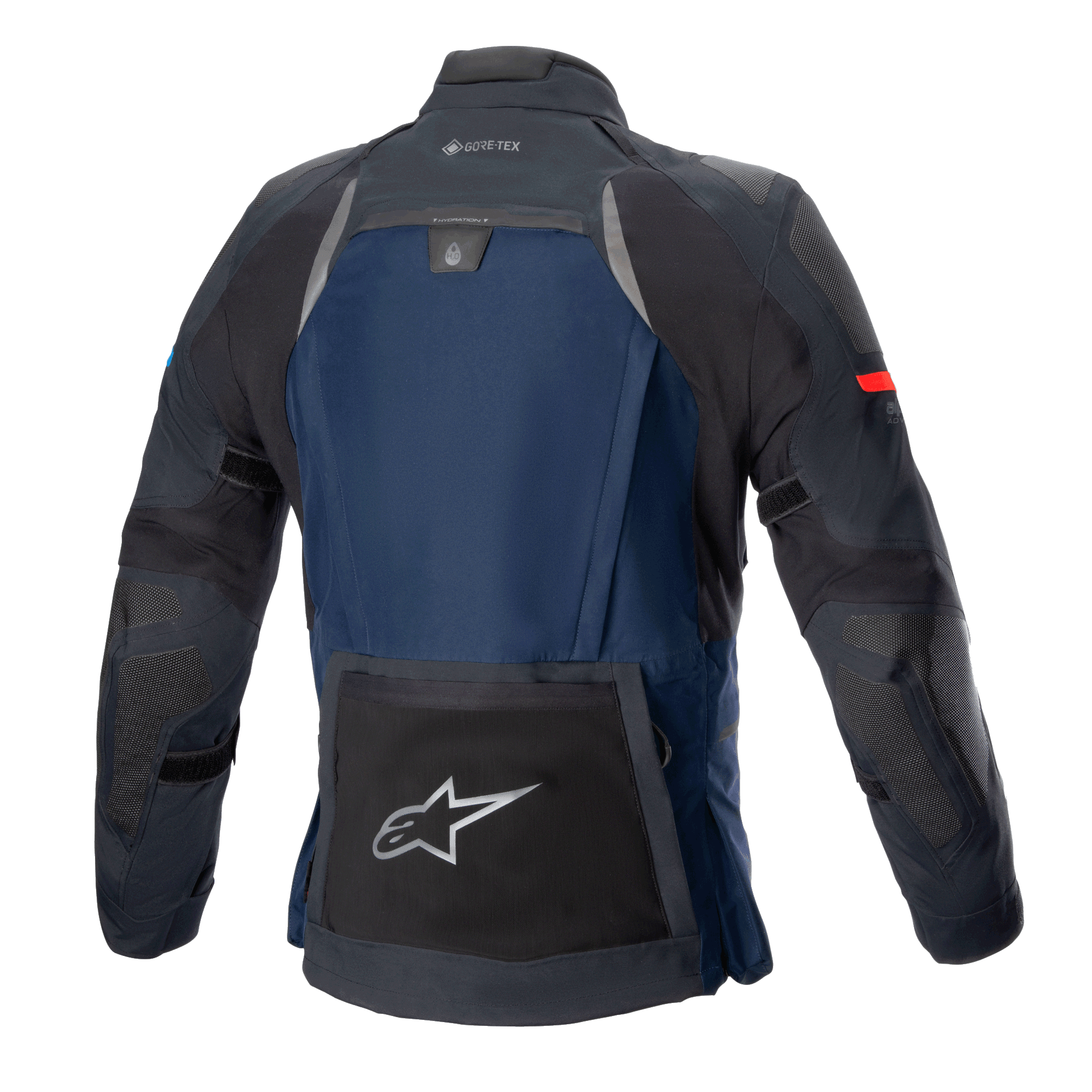 Veste Alpinestars Boulder GORE-TEX, veste de moto de touring technique, bleu foncé et noir, vue de dos avec une grande poche utilitaire arrière ornée du logo étoile argenté, compartiment d'hydratation et marquage GORE-TEX sur le col.