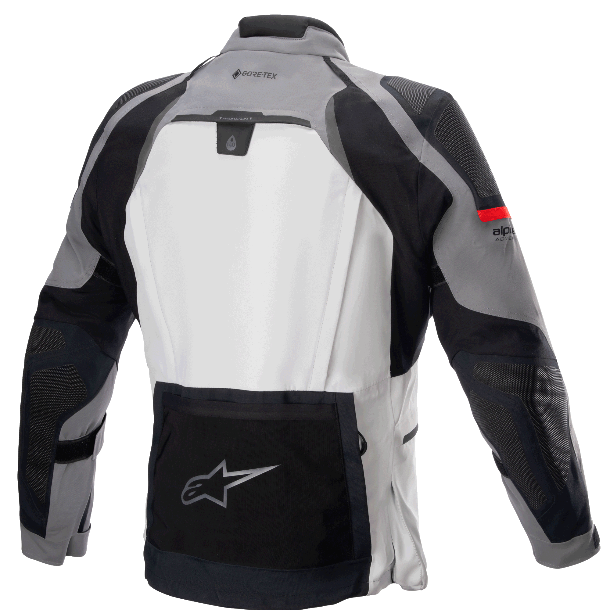 Alpinestars Boulder GORE-TEX Jas, achteraanzicht, donkergrijs en ijsgrijs, technische adventure touring motorjas met groot lichtgrijs rugpaneel, zwart onderste opbergvak voorzien van het Alpinestars sterlogo, GORE-TEX-branding op de bovenrug en duurzame constructie van meerdere stoffen.