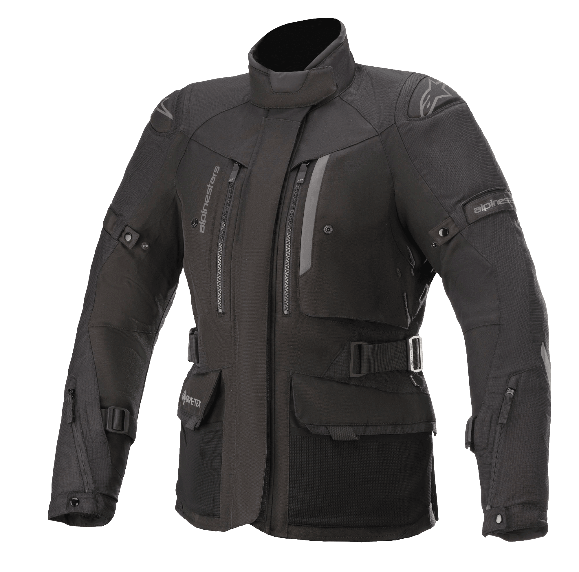 Alpinestars Women Stella Ketchum GORE-TEX Jacket, Black Motorcycle Touring Jacket, Waterproof and breathable textile construction, high collar with zippered chest vents, adjustable waist and arm straps, durable fabric with reinforced shoulder protection