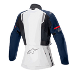 Alpinestars Stella ST-7 2L GORE-TEX damesjas, achteraanzicht, Ice Gray, donkerblauw en zwart, voorzien van rode streep op de mouw en Alpinestars-logo, adventure touring motorkleding