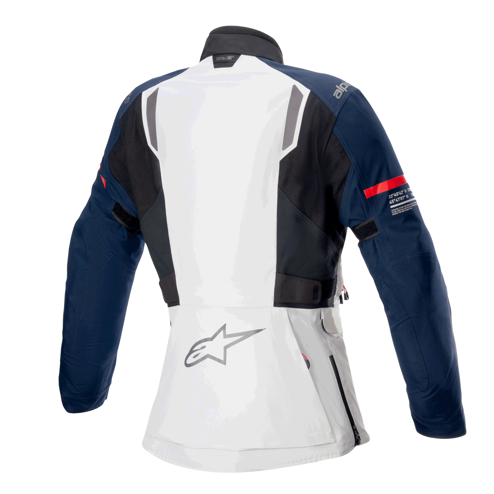 Alpinestars Stella ST-7 2L GORE-TEX damesjas, achteraanzicht, Ice Gray, donkerblauw en zwart, voorzien van rode streep op de mouw en Alpinestars-logo, adventure touring motorkleding