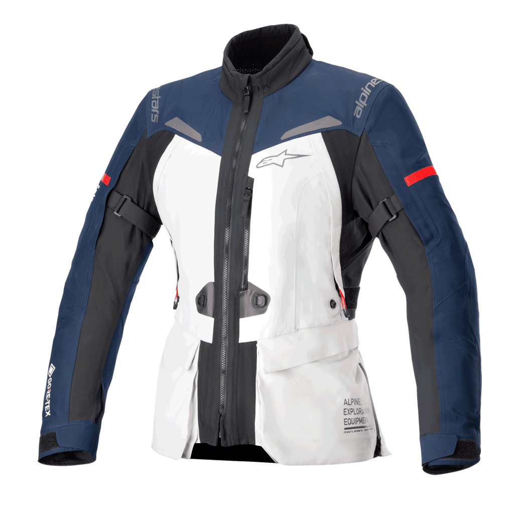 Alpinestars Stella ST-7 2L GORE-TEX motorjas voor dames, motor touringjas, Ice Gray, donkerblauw en zwart met rode accenten, voorzien van cargozakken aan de voorzijde, verstelbare armriemen, een hoge kraag en gelamineerde waterdichte constructie voor adventure touring