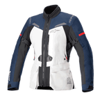 Alpinestars Stella ST-7 2L GORE-TEX motorjas voor dames, motor touringjas, Ice Gray, donkerblauw en zwart met rode accenten, voorzien van cargozakken aan de voorzijde, verstelbare armriemen, een hoge kraag en gelamineerde waterdichte constructie voor adventure touring