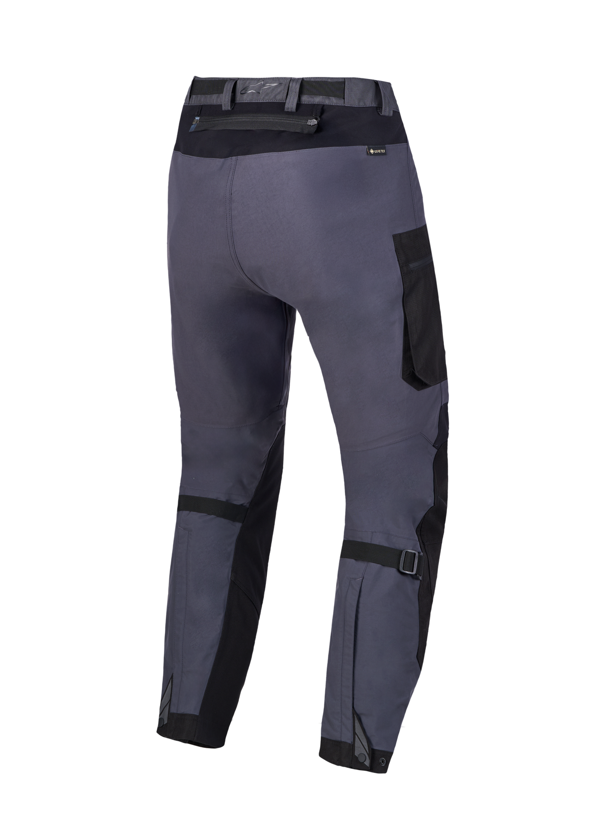 Alpinestars Arenis Gore-Tex broek, adventure motorbroek, zwart en donkergrijs, achteraanzicht met waterdichte constructie en kuitvolumeverstelling
