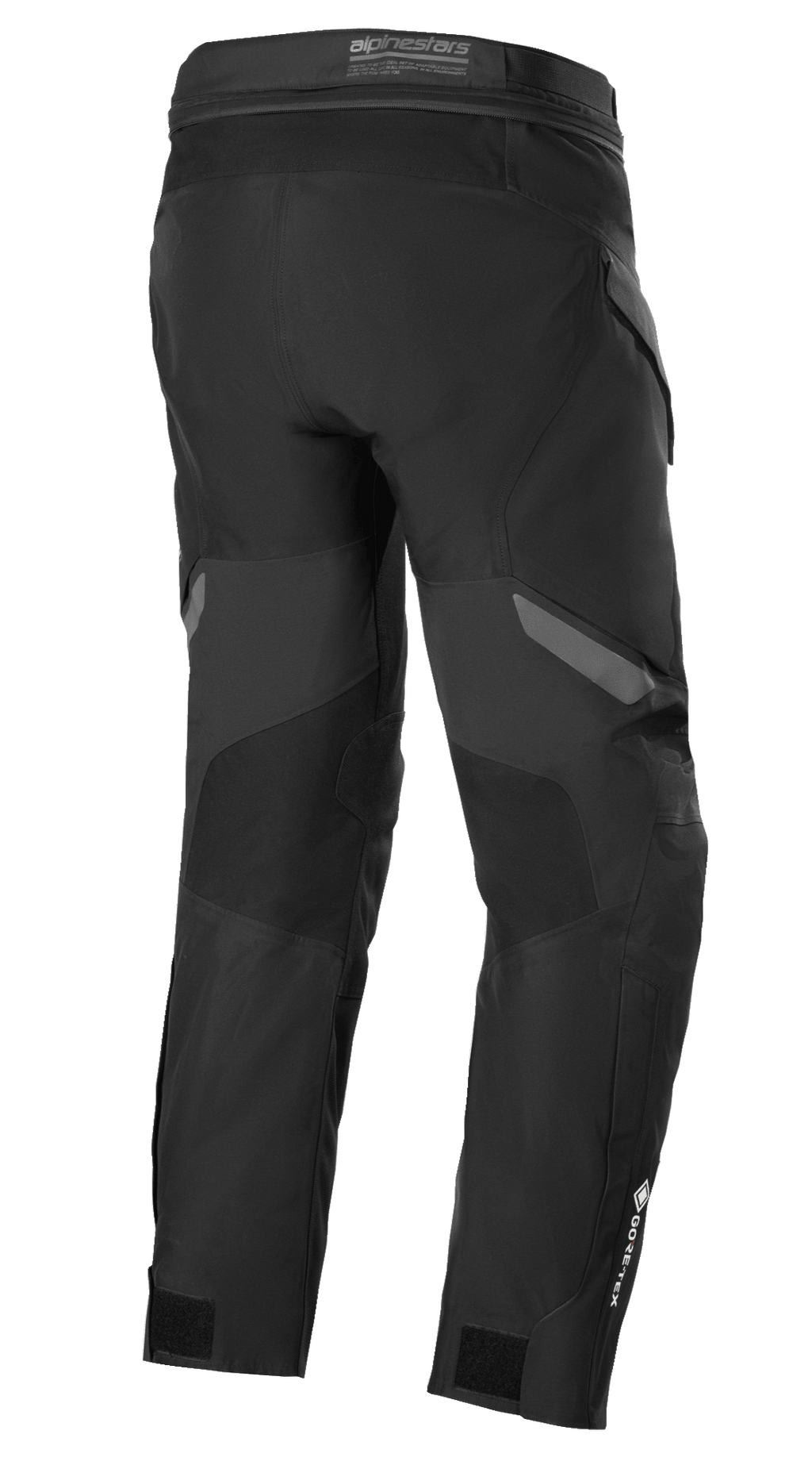 Alpinestars ST-7 2L GORE-TEX broek, zwart en donkergrijs, achteraanzicht, waterdichte adventure touring motorbroek met versterkte panelen, GORE-TEX-branding op het onderbeen en verstelbare enkelbanden