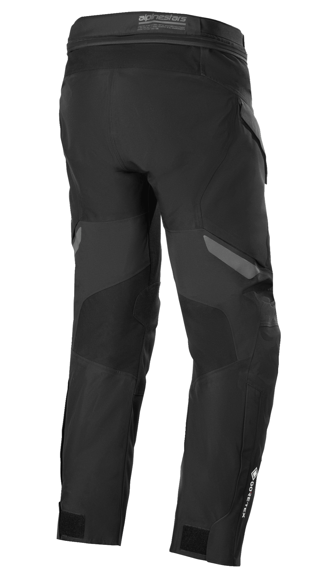 Alpinestars ST-7 2L GORE-TEX broek, zwart en donkergrijs, achteraanzicht, waterdichte adventure touring motorbroek met versterkte panelen, GORE-TEX-branding op het onderbeen en verstelbare enkelbanden