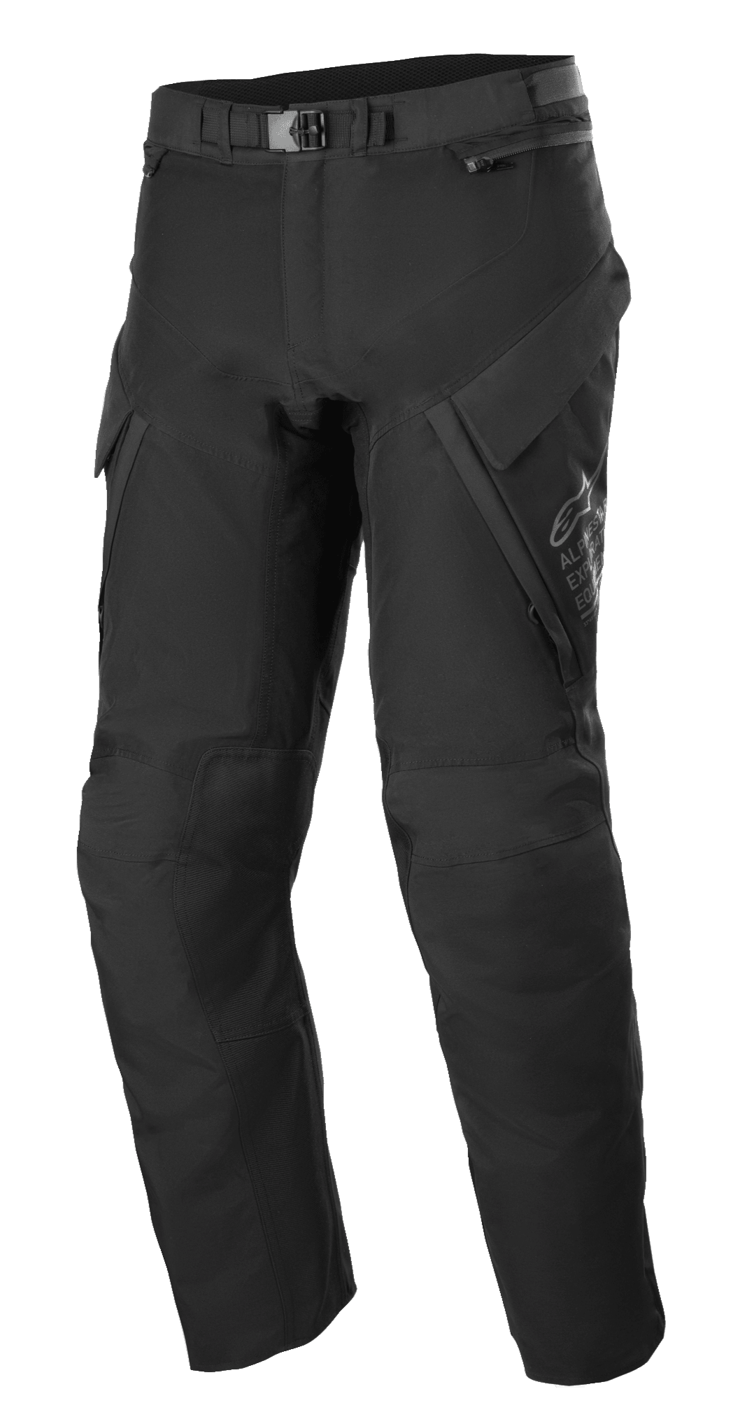 Alpinestars ST-7 2L GORE-TEX broek, adventure touring broek, zwart en donkergrijs, met grote cargozakken, magnetische gespsluiting in de taille, verstevigde kniezones en technische textielconstructie voor bescherming in alle weersomstandigheden