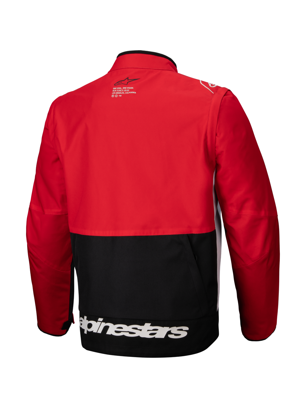 Alpinestars Pro-Dura Jas, off-road enduro-jas, zwart, helderrood en wit, achteraanzicht, voorzien van een rood bovenstuk en mouwen met een zwart onderpaneel, wit Alpinestars-logo op de onderzoom en duurzame ripstop-textielconstructie voor agressief trailrijden.