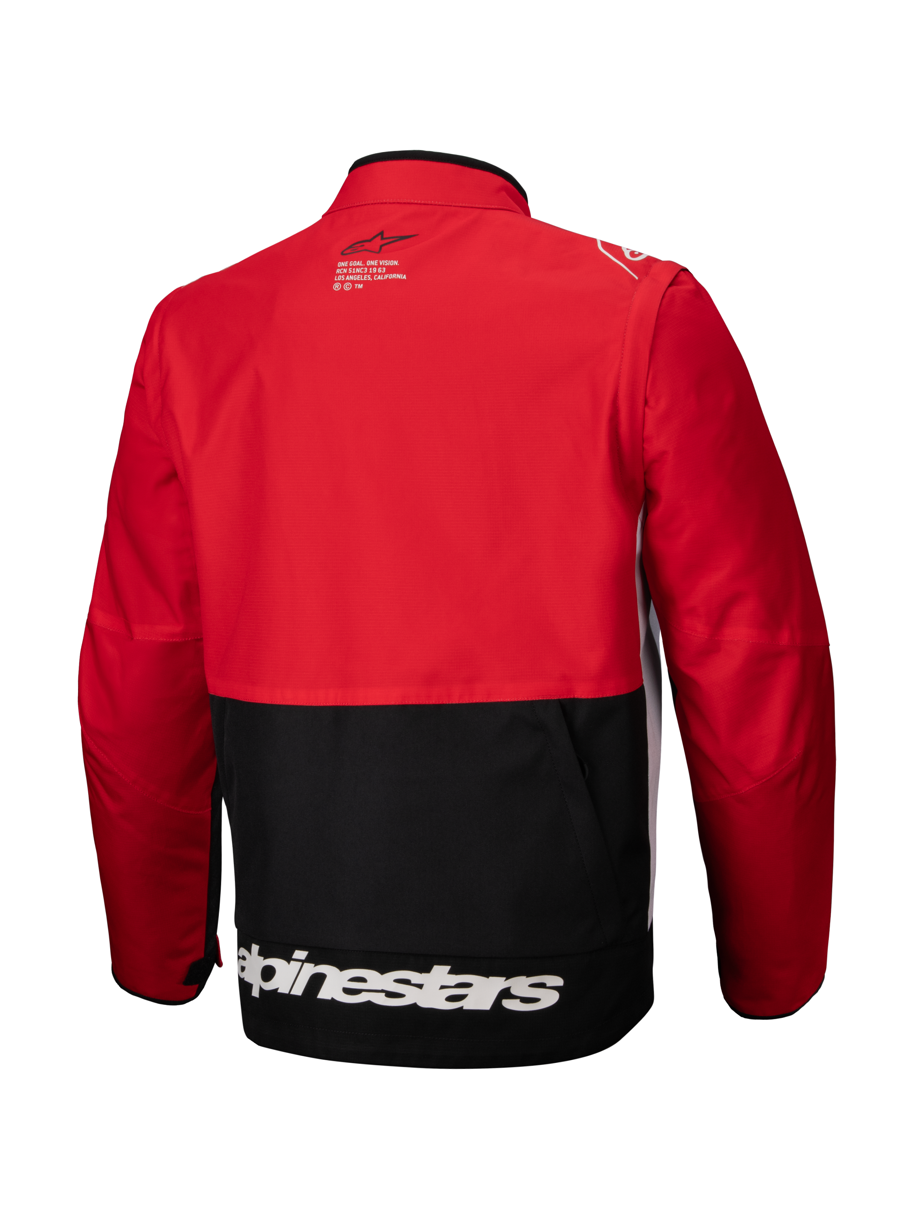 Alpinestars Pro-Dura Jas, off-road enduro-jas, zwart, helderrood en wit, achteraanzicht, voorzien van een rood bovenstuk en mouwen met een zwart onderpaneel, wit Alpinestars-logo op de onderzoom en duurzame ripstop-textielconstructie voor agressief trailrijden.