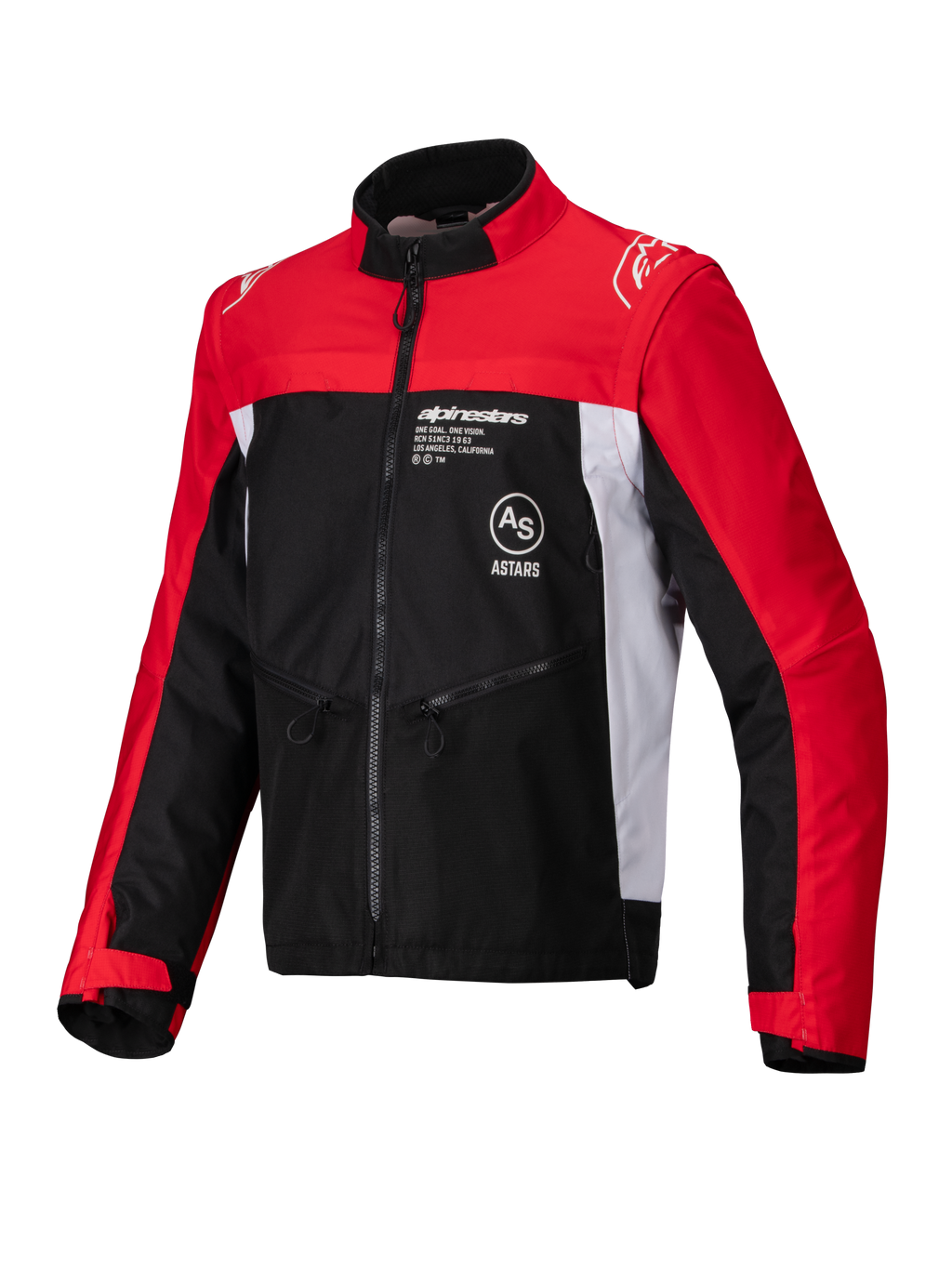 Alpinestars Pro-Dura jas, off-road motorjas, zwart, felrood en wit, voorzien van een hoge kraag, ritssluiting aan de voorzijde en ripstop textielconstructie met rode mouwen, witte zijpanelen en Alpinestars-branding op de borst.