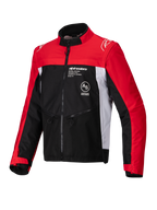 Alpinestars Pro-Dura jas, off-road motorjas, zwart, felrood en wit, voorzien van een hoge kraag, ritssluiting aan de voorzijde en ripstop textielconstructie met rode mouwen, witte zijpanelen en Alpinestars-branding op de borst.