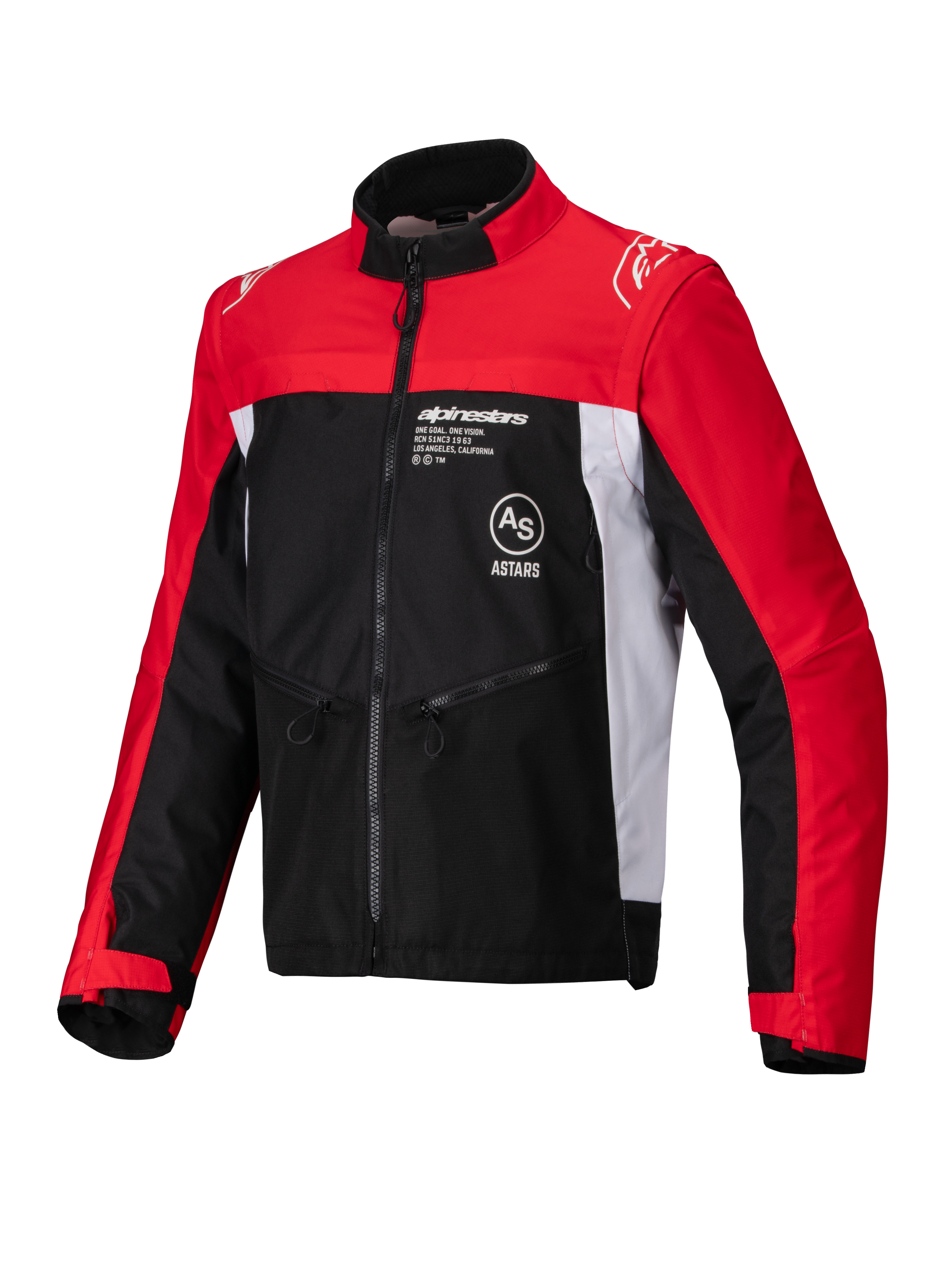 Alpinestars Pro-Dura jas, off-road motorjas, zwart, felrood en wit, voorzien van een hoge kraag, ritssluiting aan de voorzijde en ripstop textielconstructie met rode mouwen, witte zijpanelen en Alpinestars-branding op de borst.