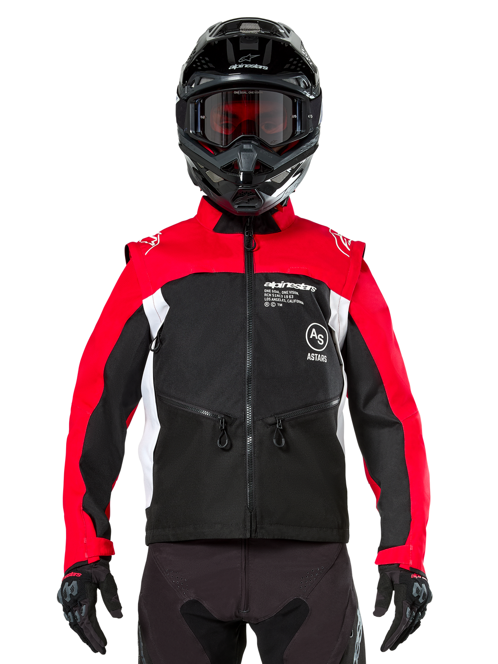 Alpinestars Pro-Dura Jas, off-road motorjas, zwart, felrood en wit, gedragen door een rijder met een zwarte motorcrosshelm en crossbril, voorzien van een duurzame ripstop-constructie en witte zijpanelen, ontworpen voor enduro en trailrijden