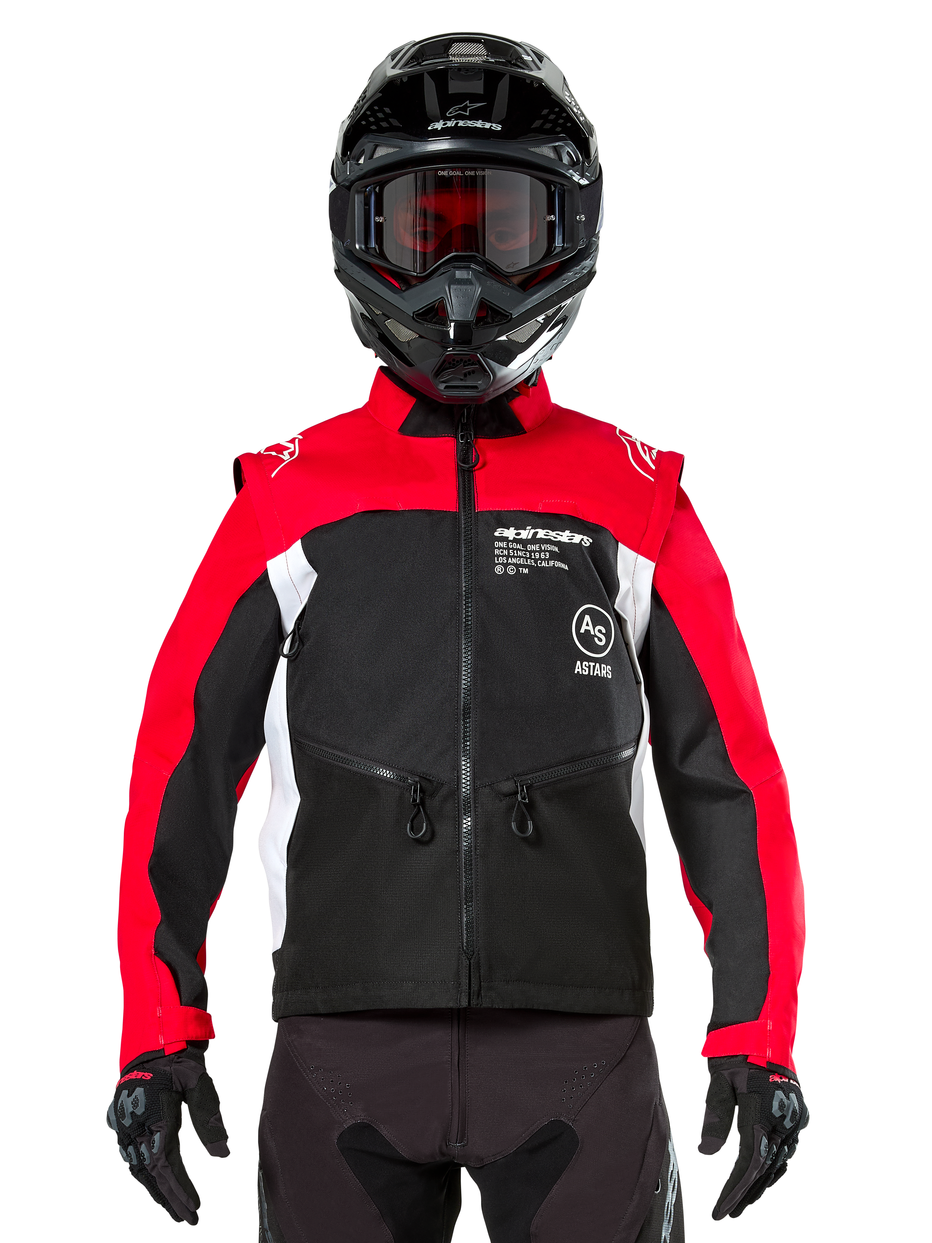 Alpinestars Pro-Dura Jas, off-road motorjas, zwart, felrood en wit, gedragen door een rijder met een zwarte motorcrosshelm en crossbril, voorzien van een duurzame ripstop-constructie en witte zijpanelen, ontworpen voor enduro en trailrijden