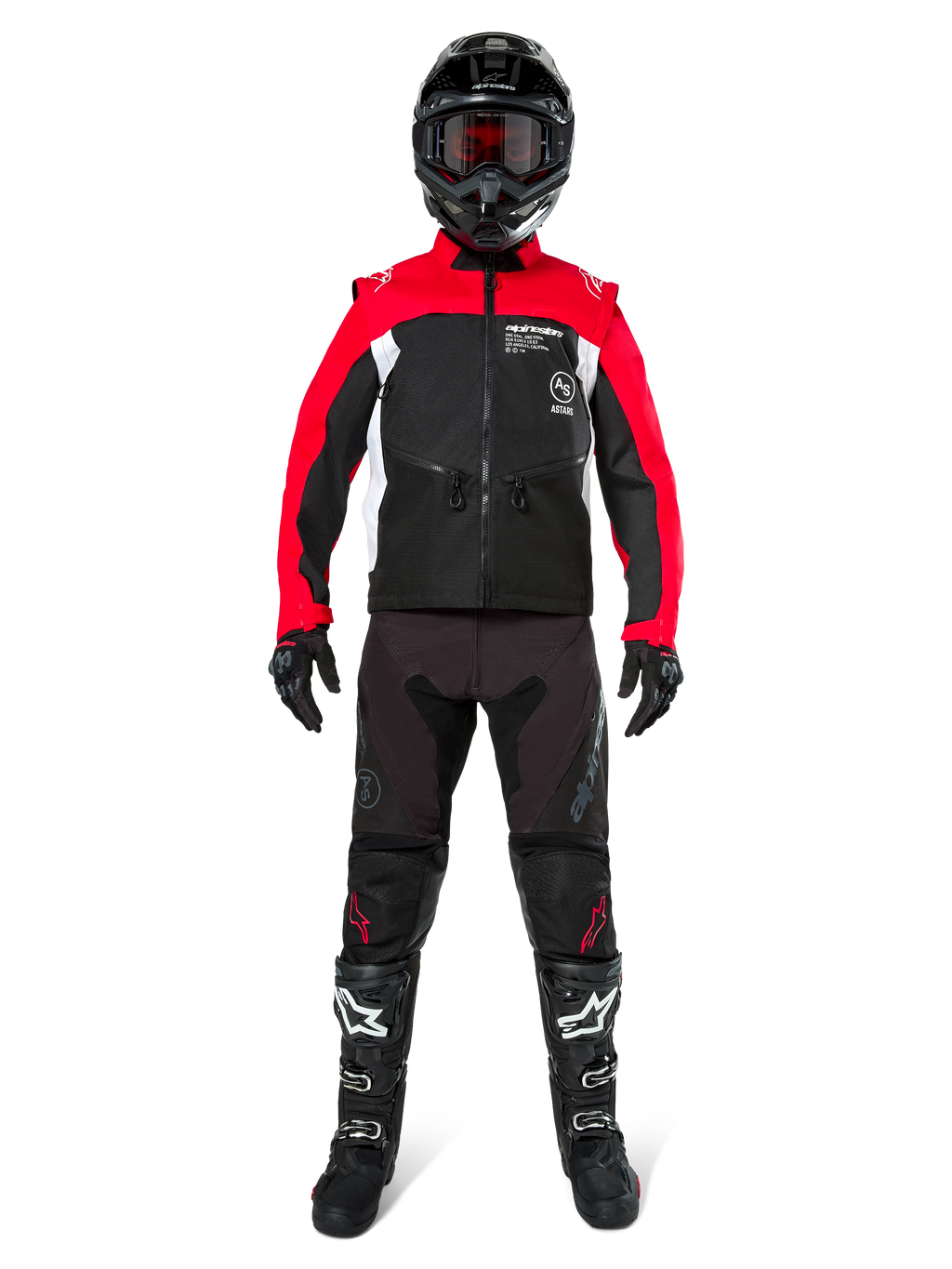 Motorcrosser in complete off-road uitrusting, Alpinestars Pro-Dura jas in zwart, felrood en wit, zwarte broek met rode accenten, zwarte helm met rode crossbril, zwart-witte laarzen, gecoördineerde outfit voor enduro- en trailrijden