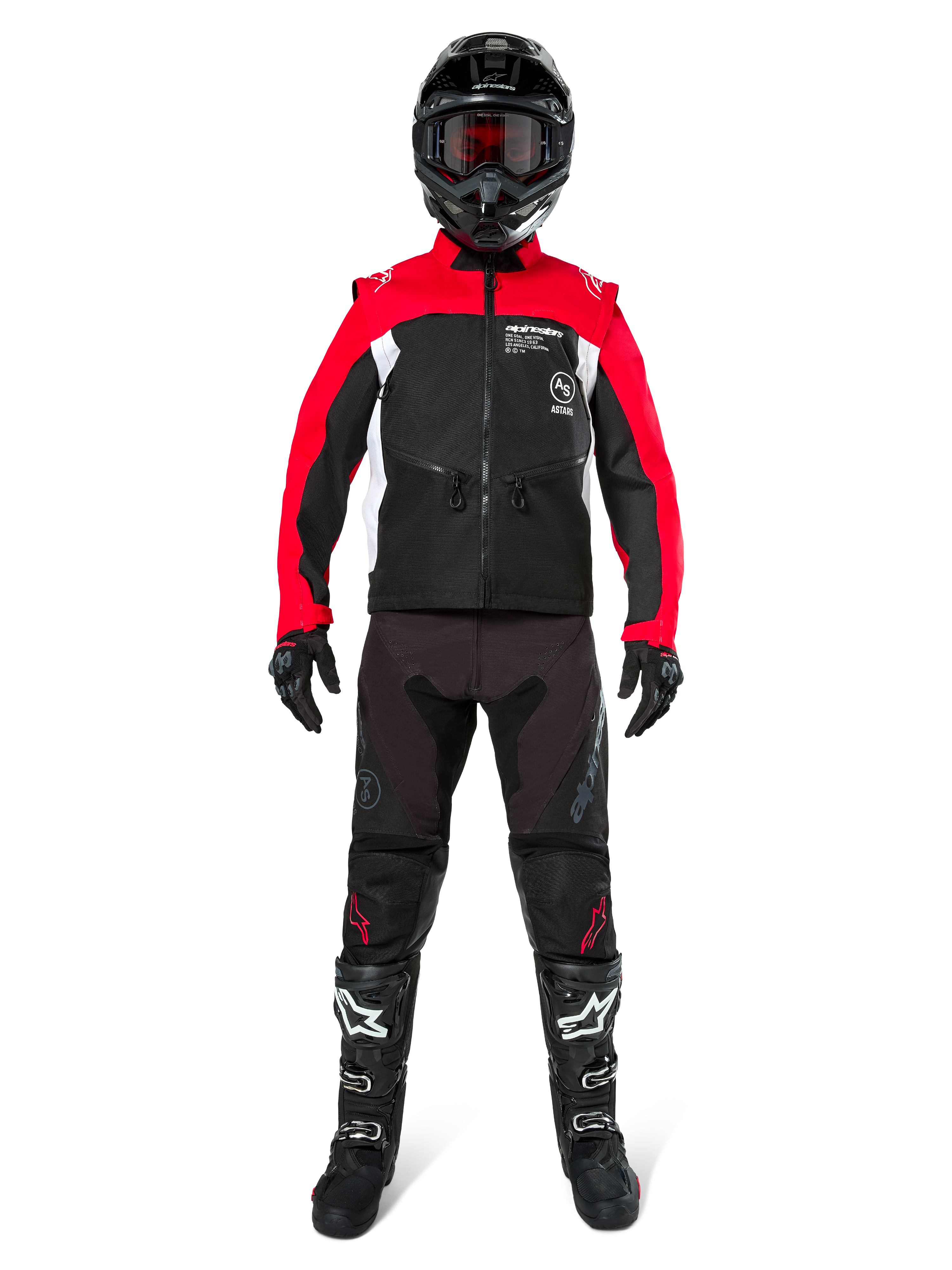 Motorcrosser in complete off-road uitrusting, Alpinestars Pro-Dura jas in zwart, felrood en wit, zwarte broek met rode accenten, zwarte helm met rode crossbril, zwart-witte laarzen, gecoördineerde outfit voor enduro- en trailrijden