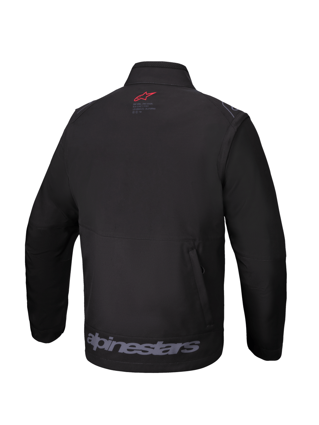 Veste Softshell Alpinestars Lite-Dura, noir, vue arrière, avec un petit logo rouge sur le col, un grand marquage Alpinestars gris sur l'ourlet inférieur et une poche de rangement arrière verticale zippée, équipement technique tout-terrain pour l'enduro et le motocross.