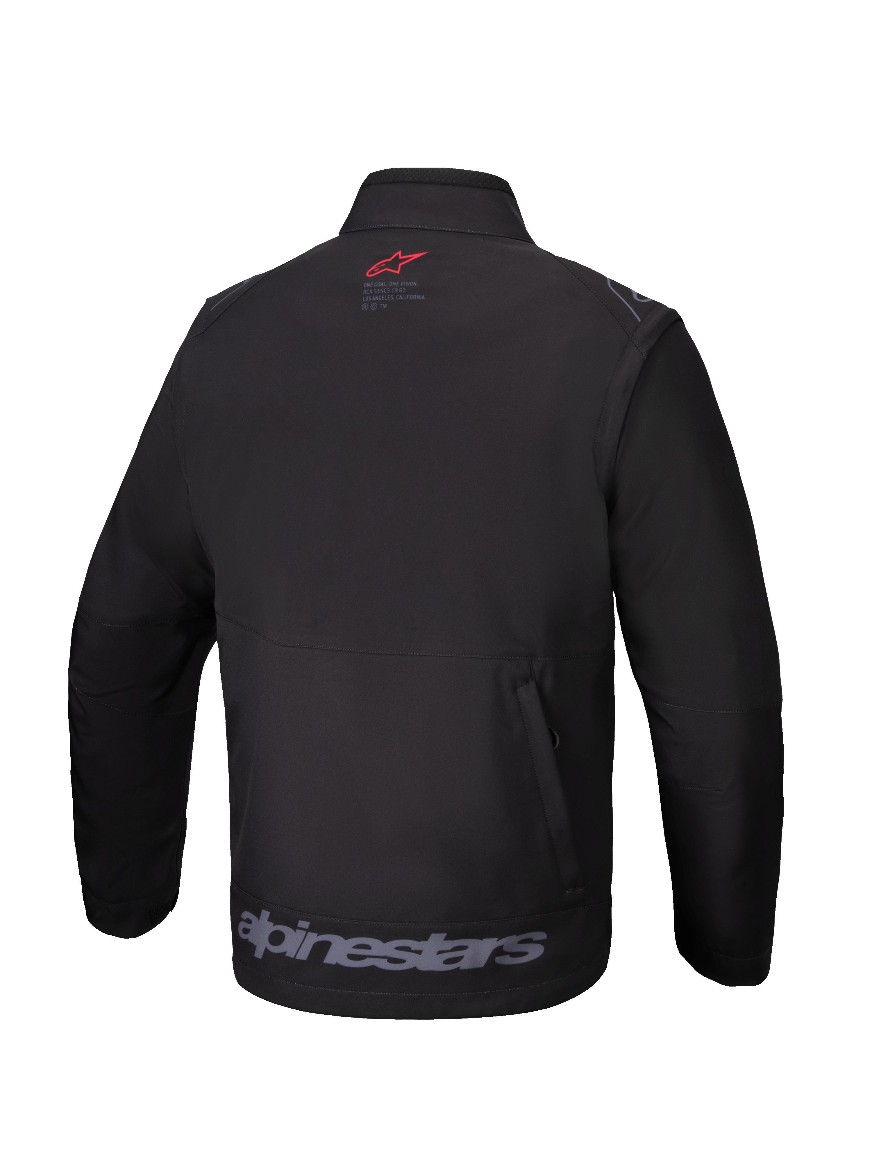 Veste Softshell Alpinestars Lite-Dura, noir, vue arrière, avec un petit logo rouge sur le col, un grand marquage Alpinestars gris sur l'ourlet inférieur et une poche de rangement arrière verticale zippée, équipement technique tout-terrain pour l'enduro et le motocross.