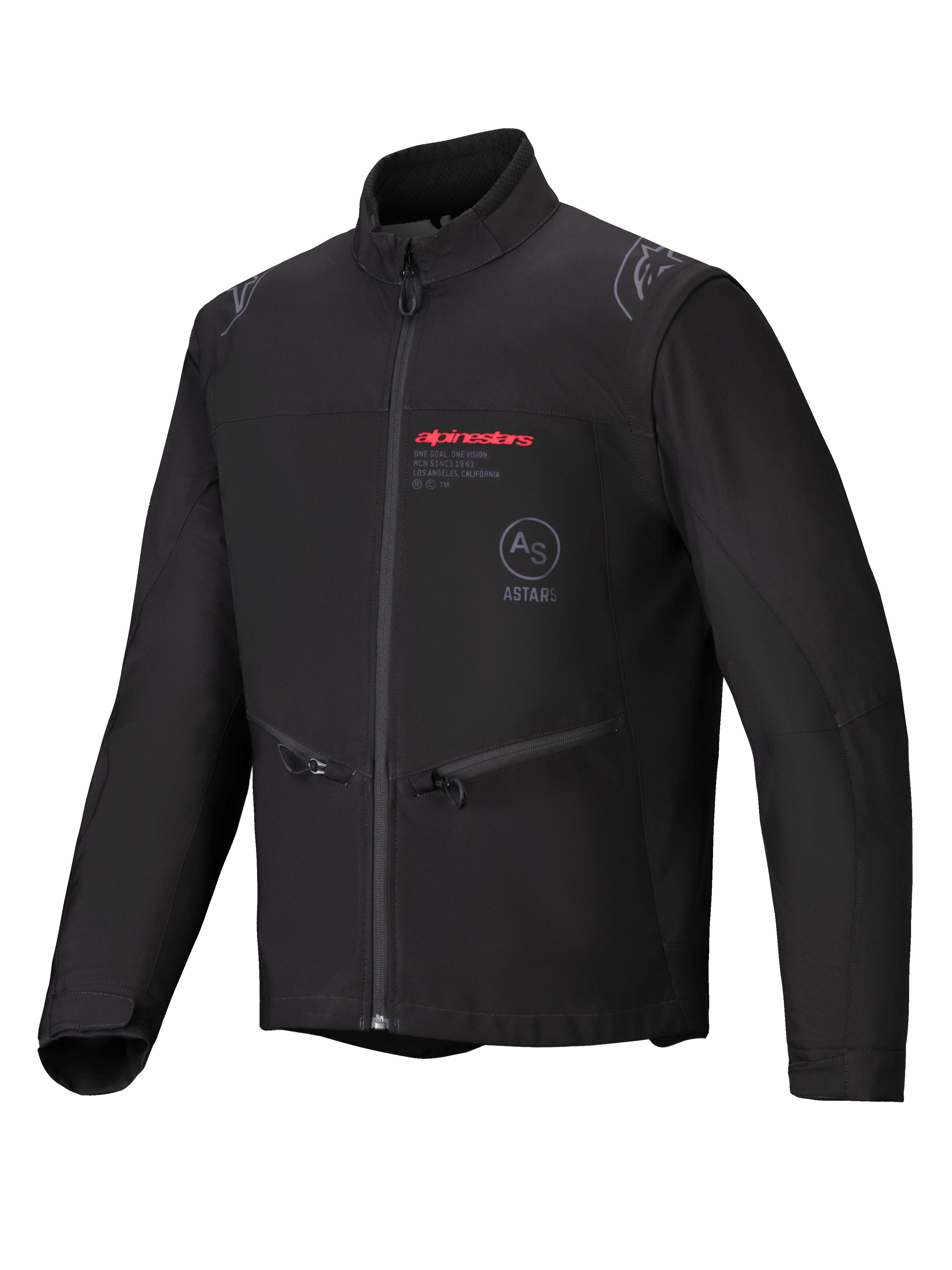 Veste Softshell Alpinestars Lite-Dura, noire, veste de moto enduro tout-terrain, avec marquage Alpinestars rouge et logo AS ASTARS sur la poitrine, poches repose-mains zippées et construction softshell coupe-vent.