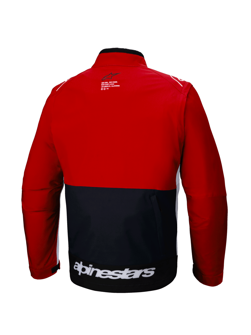 Veste Softshell Alpinestars Lite-Dura, vue de dos, veste d'enduro tout-terrain, noir et rouge vif avec accents blancs, logo Alpinestars blanc imposant au bas du dos, design à blocs de couleurs, poche de rangement arrière fonctionnelle, softshell modulaire pour le motocross et le trail